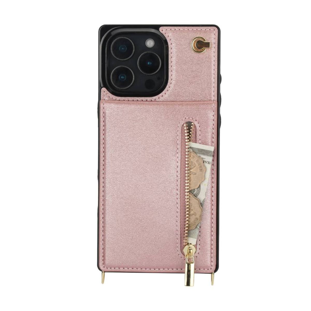 Eine rosa Handyhülle mit Reißverschlusstasche, goldener Hardware und Kameraausschnitt.