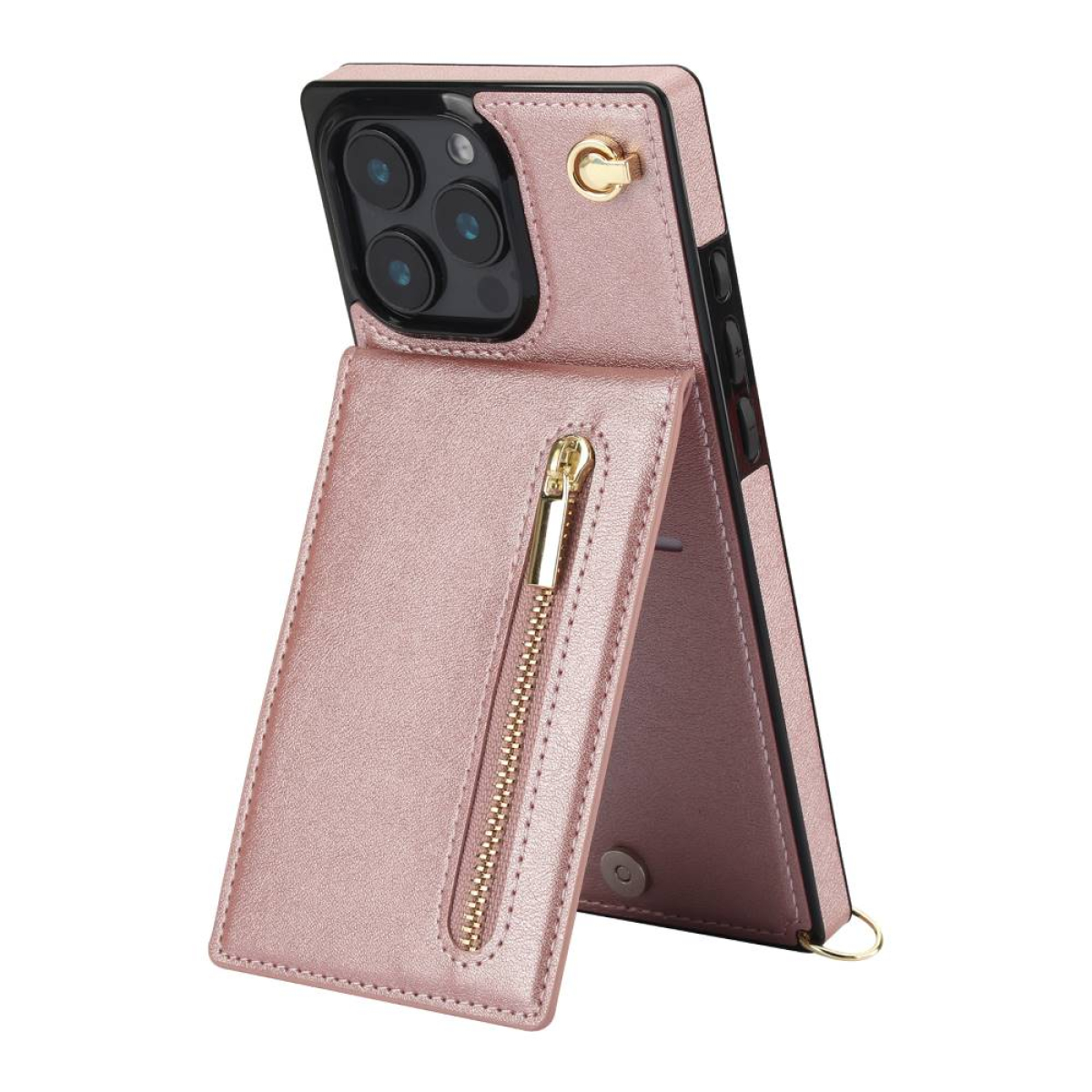 Eine rosa Leder-Handyhülle mit Kartenfächern und Reißverschluss. Auf weißem Hintergrund.