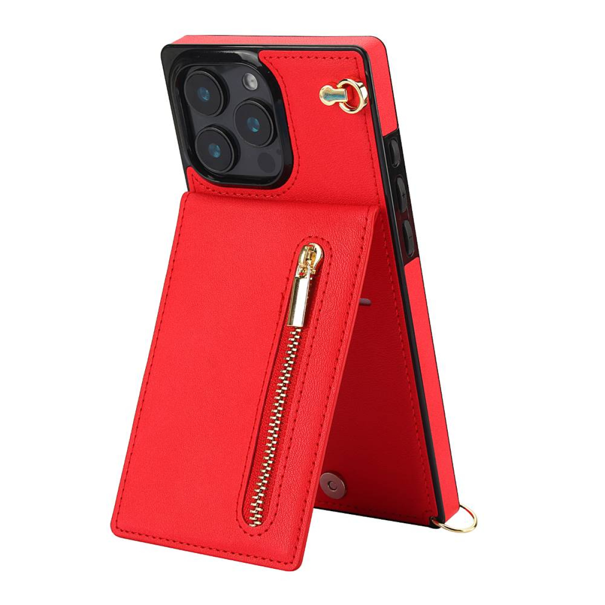 Rote Handyhülle mit Kartenhalter und Reißverschluss, goldfarbene Details und ein Telefon mit sichtbaren Kameras.