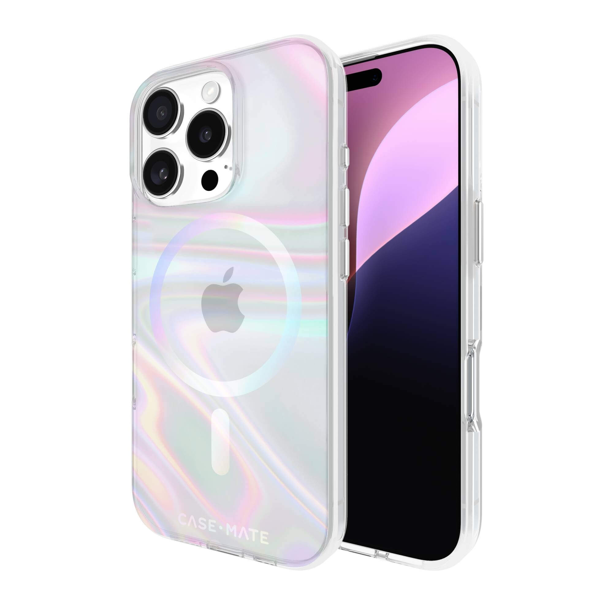 Custodia per telefono iridescente con telefono dentro. Logo Apple visibile. Custodia trasparente Case-Mate.