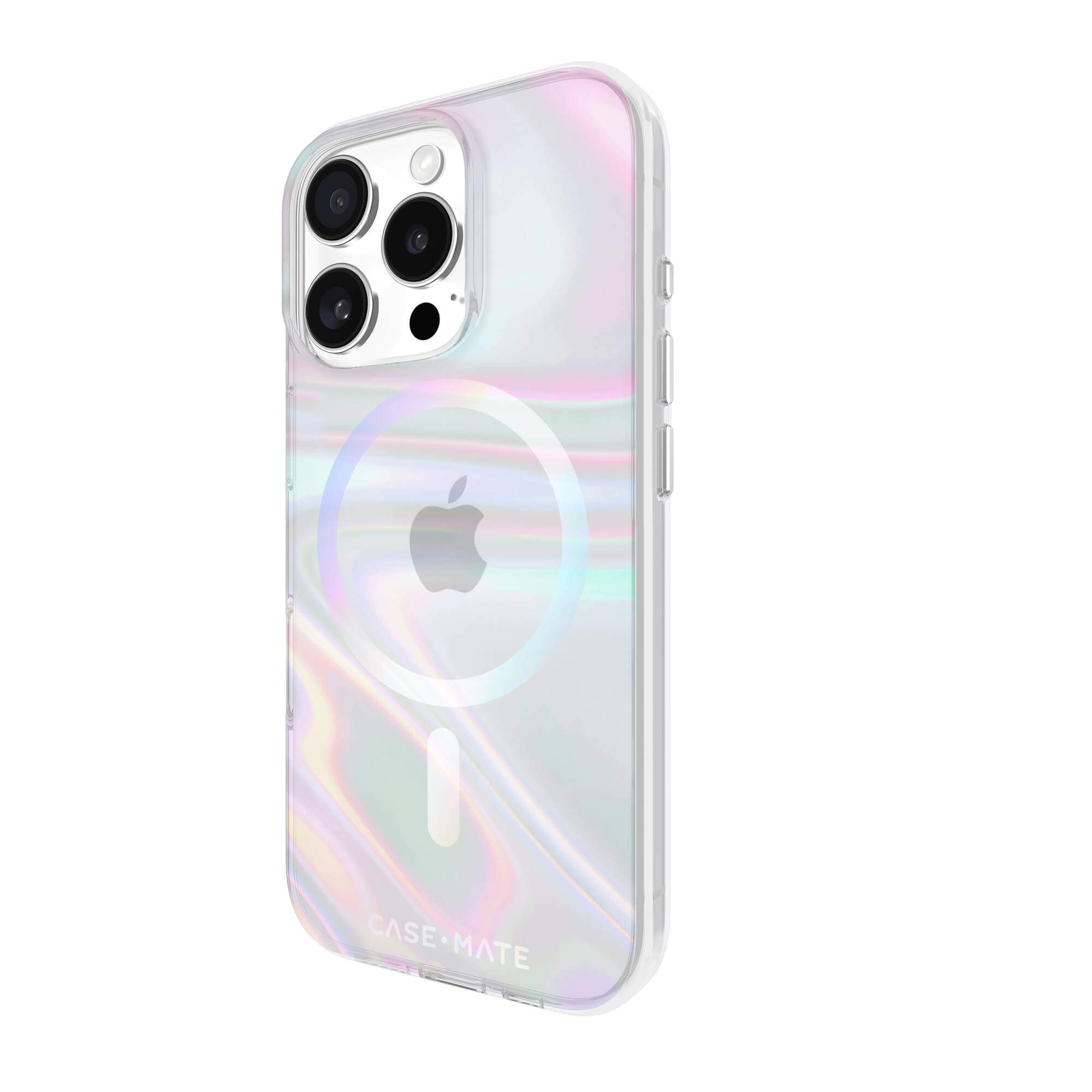 Custodia iridescente per telefono con tre obiettivi e logo Apple. Marchio CaseMate visibile.