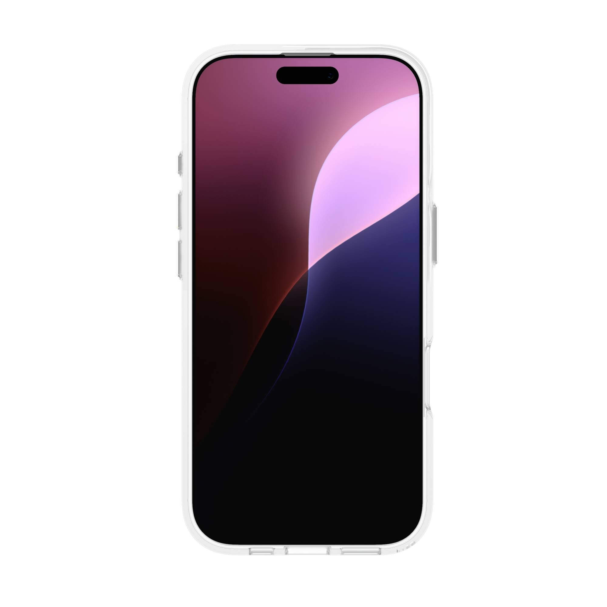 Telefono bianco con custodia trasparente e schermo sfumato rosa e nero.