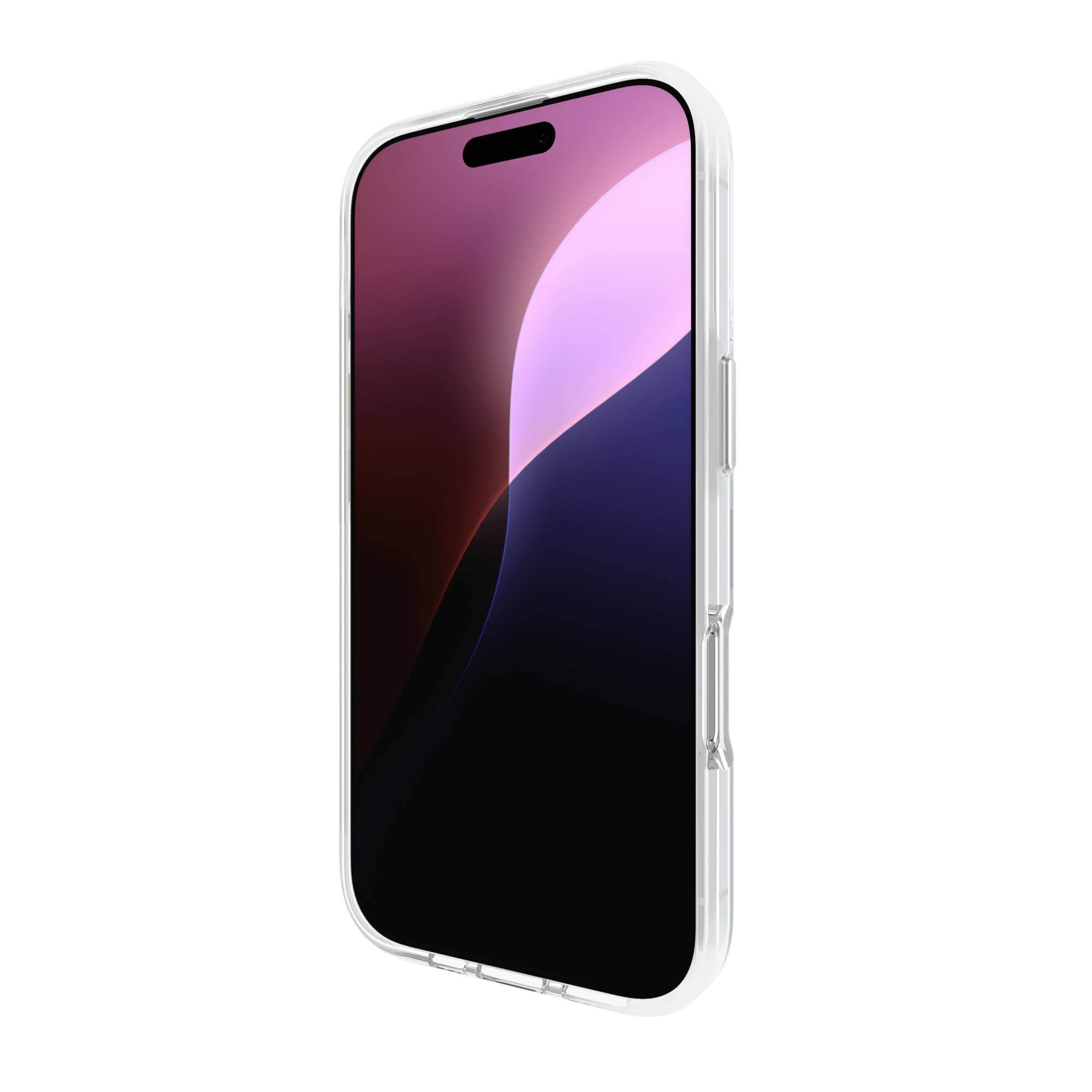 Uno smartphone con una custodia trasparente. Lo schermo mostra una sfumatura di colori, dal nero al rosa.