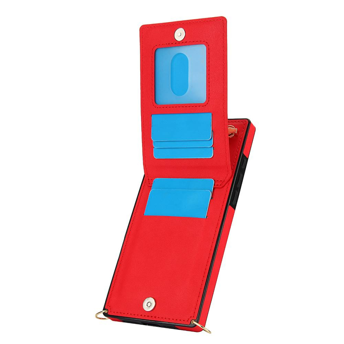Rotes Handycase geöffnet, zeigt Kartenfächer und ein klares Fenster für eine Karte.
