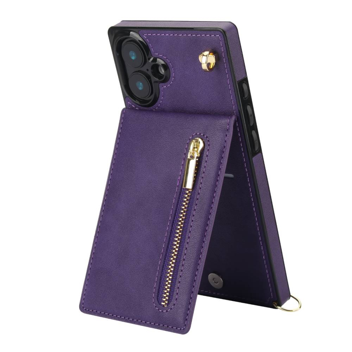 Lila Handyhülle mit Kartenhalter und Reißverschlusstasche, Telefon ist offen.