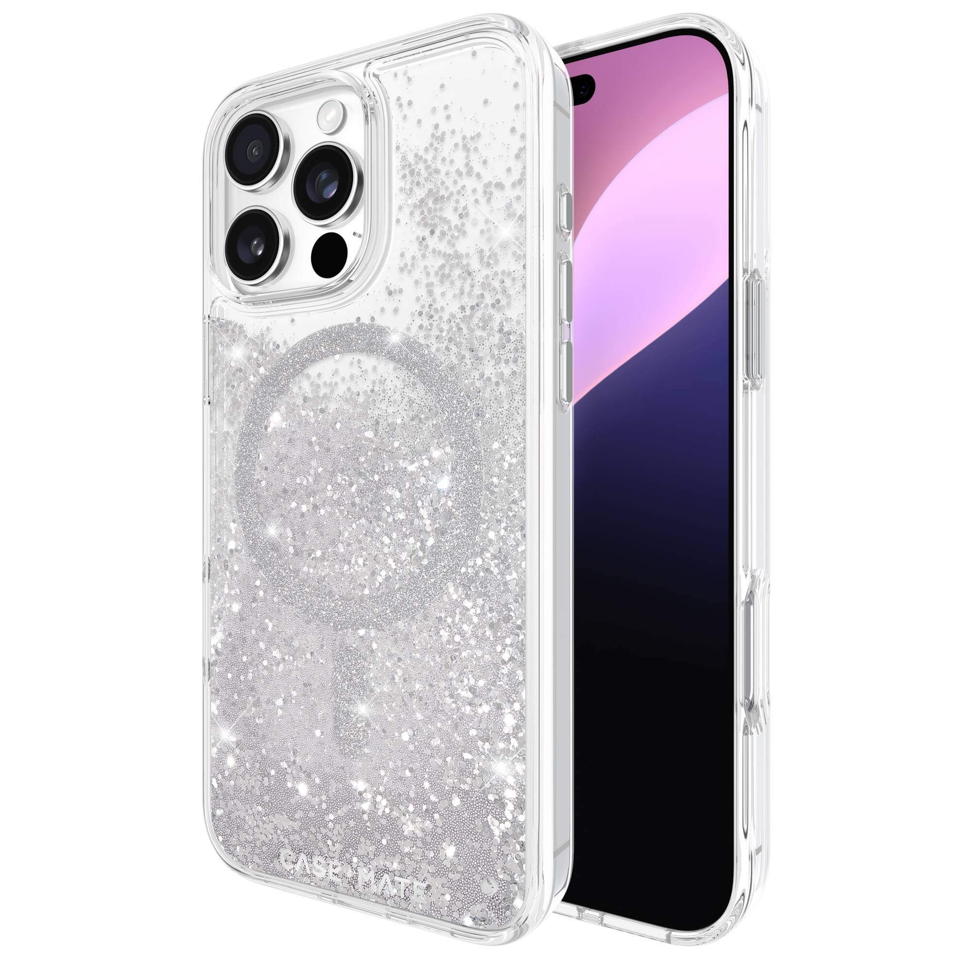 Custodia trasparente per telefono con glitter. Un telefono è all'interno della custodia. La fotocamera è visibile.