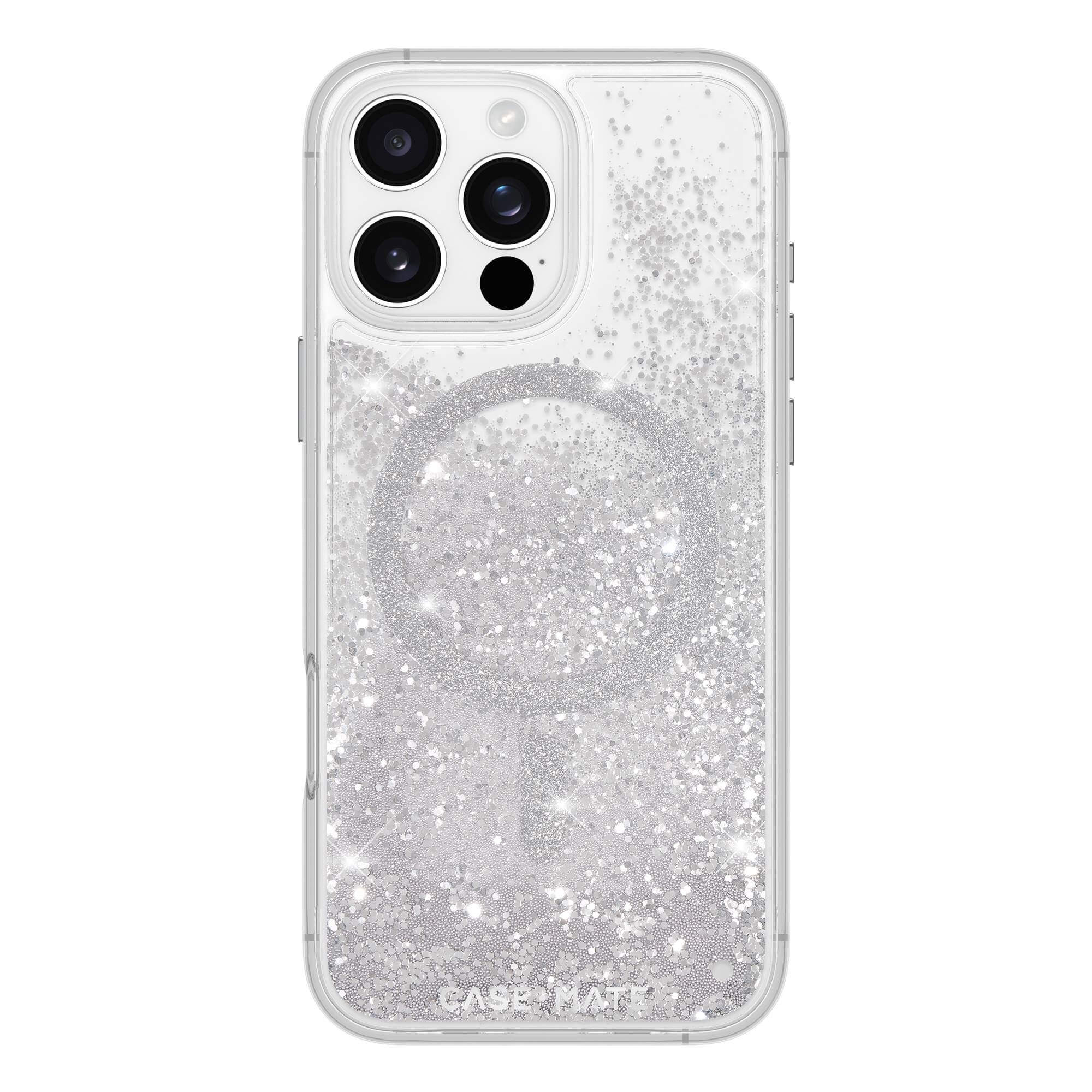 Custodia trasparente con glitter argento.