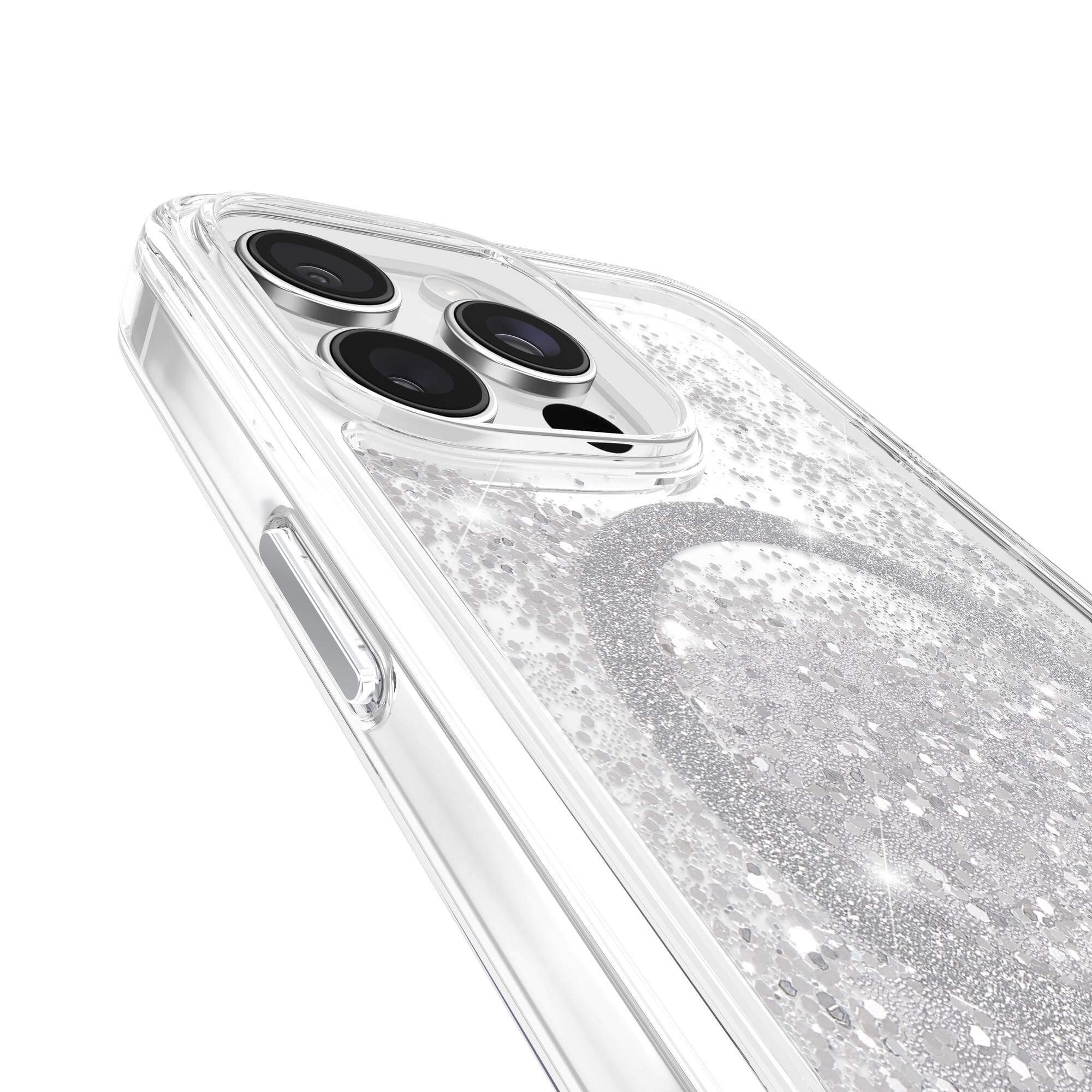 Custodia trasparente per telefono con glitter all'interno, primo piano.