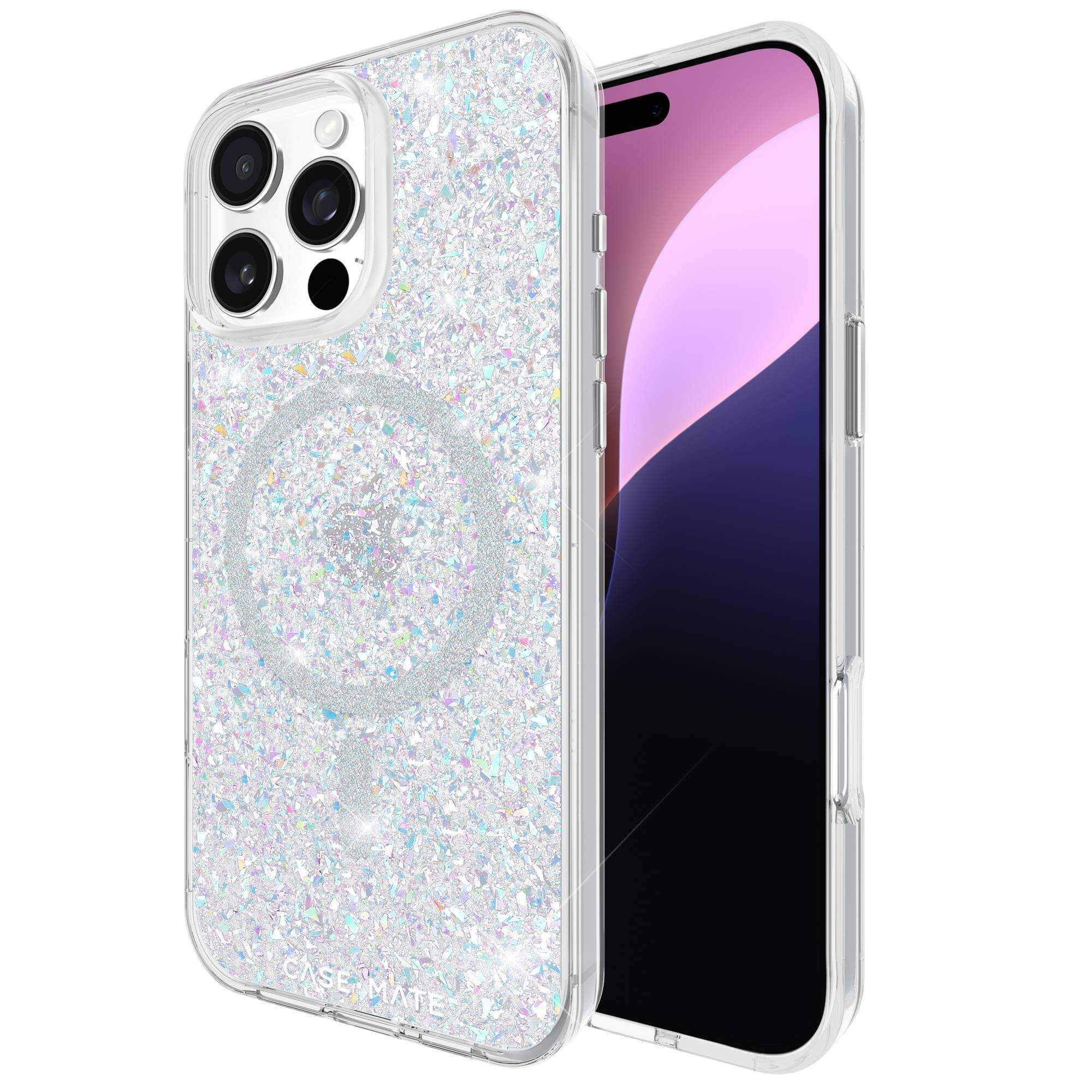 Custodia trasparente per telefono con glitter e un cerchio magnetico argentato, su un telefono con schermo viola.