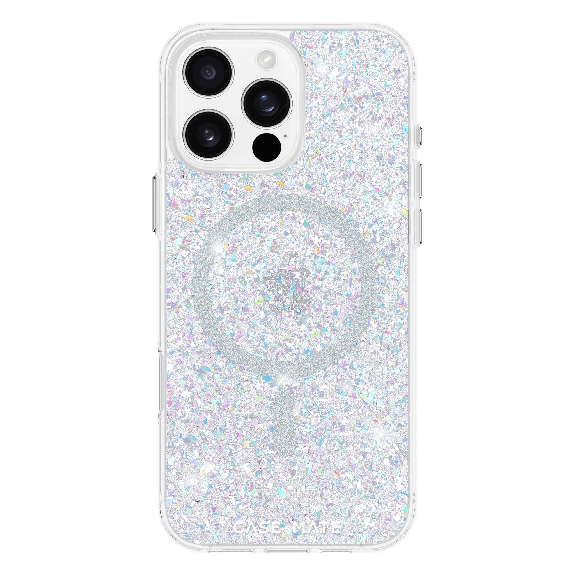 Un iPhone in una custodia trasparente con un design glitterato e un cerchio MagSafe.