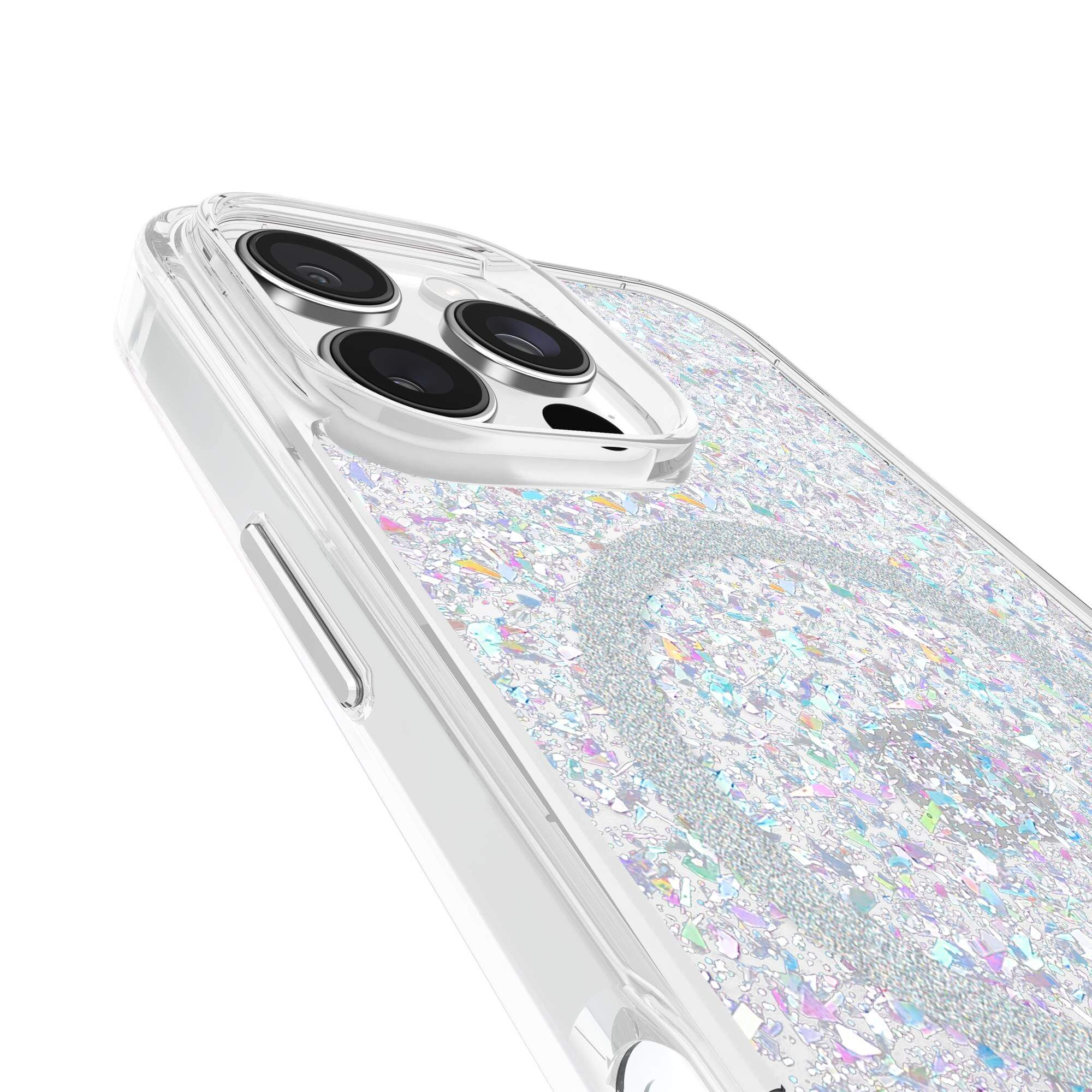 Custodia trasparente per telefono con design a cuore glitterato, mostra le fotocamere.