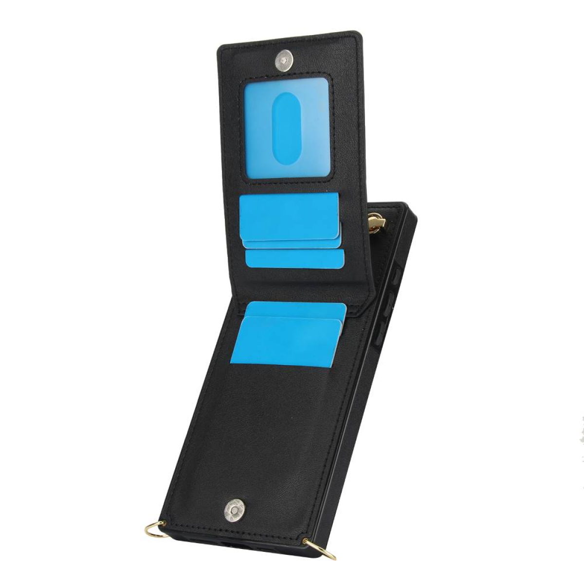 Schwarze Handyhülle geöffnet, zeigt blaue Kartenfächer und eine blaue Karte im Fenster.