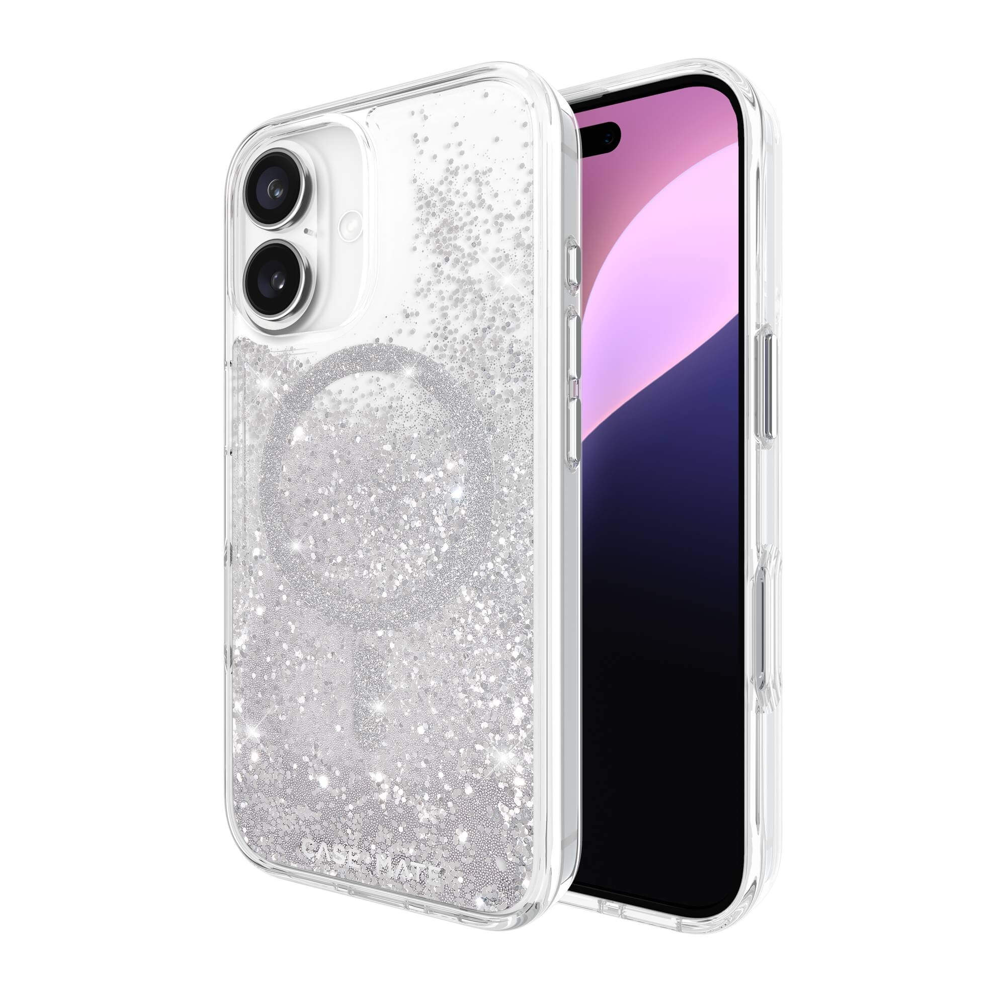 Custodia trasparente per telefono con glitter argentati. Un telefono è all'interno. Sfondo bianco.