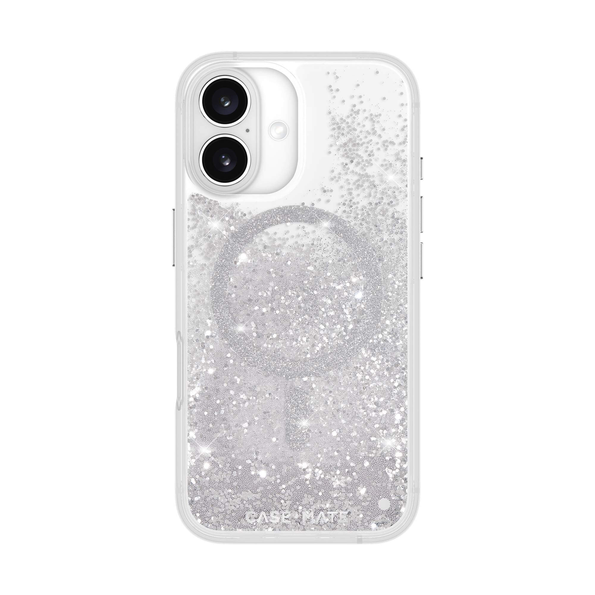 Una custodia trasparente per telefono con glitter argentati all'interno e un'area fotocamera bianca.