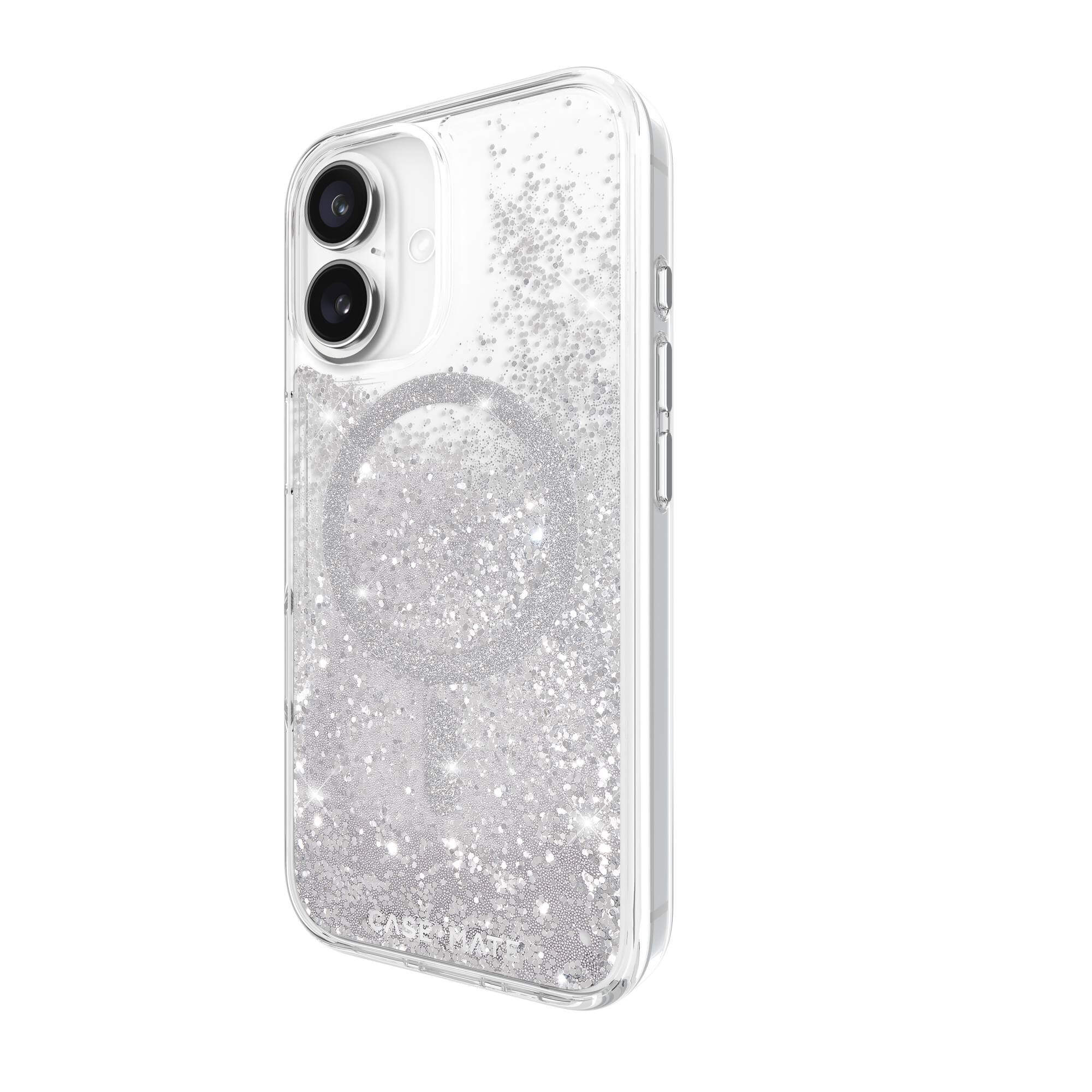 Custodia trasparente per telefono con glitter, che tiene il telefono. La custodia mostra la fotocamera e un anello magnetico.