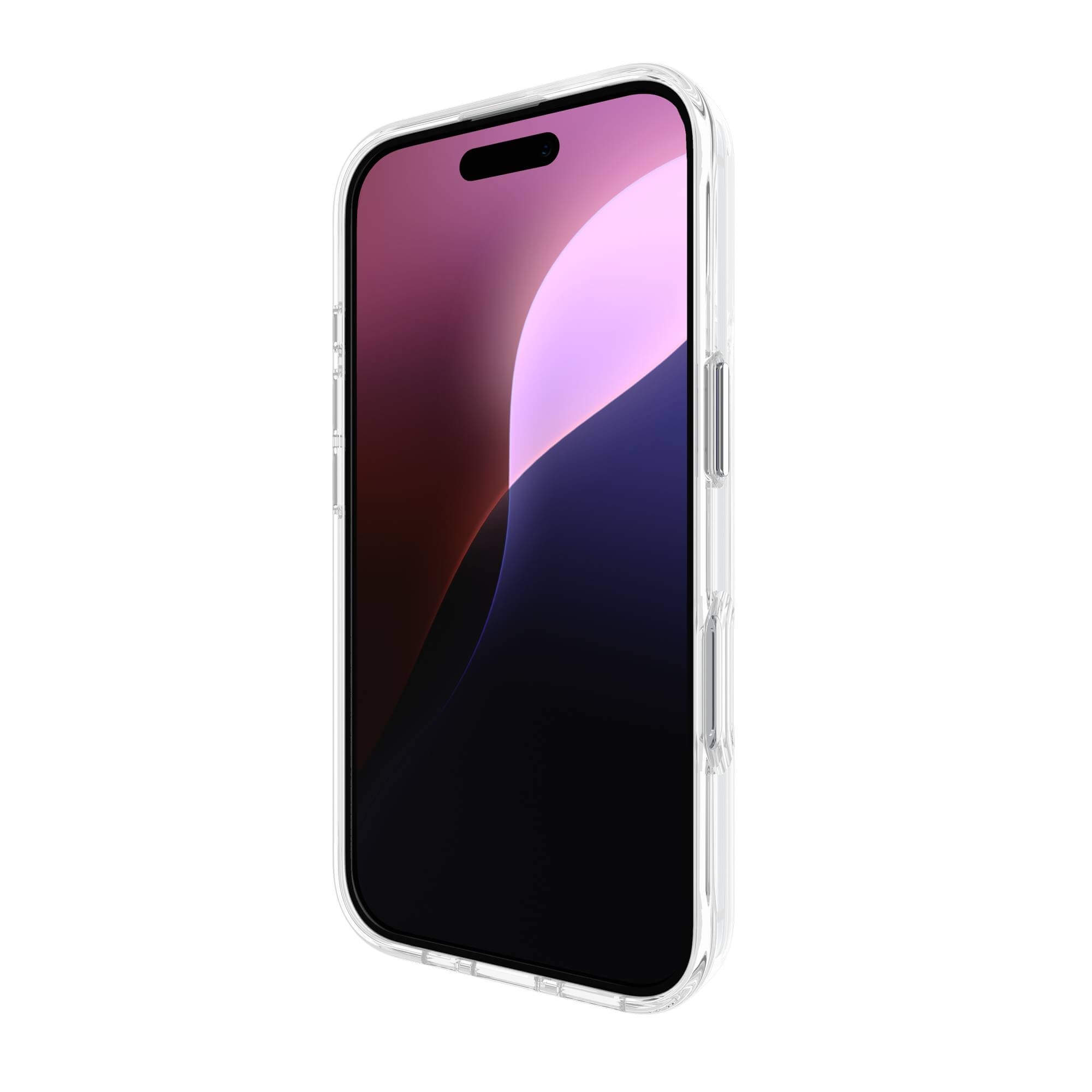Smartphone in una custodia trasparente, vista tre quarti. Il telefono ha uno schermo e una fotocamera.