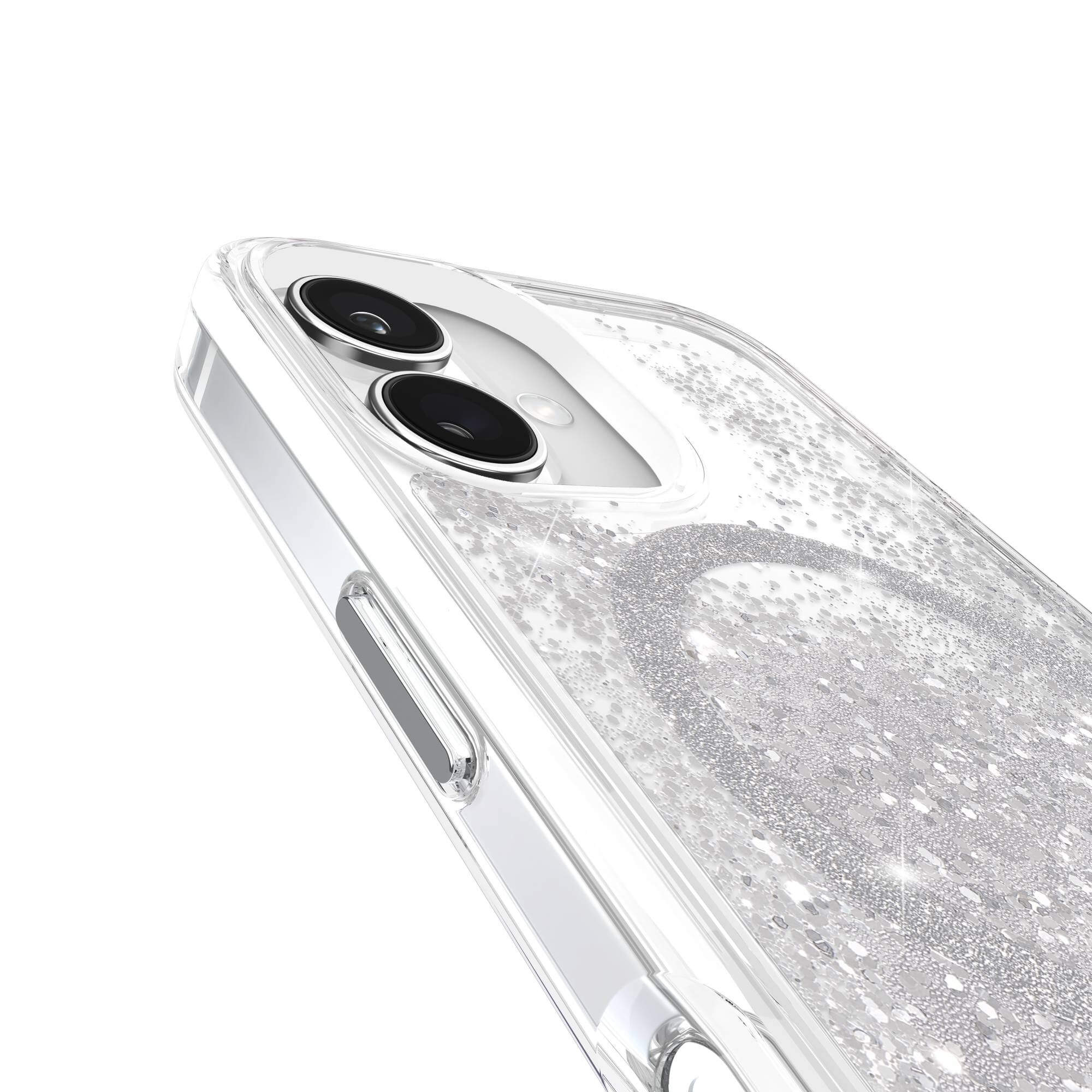 Custodia trasparente con glitter argento e fori per l'obiettivo.