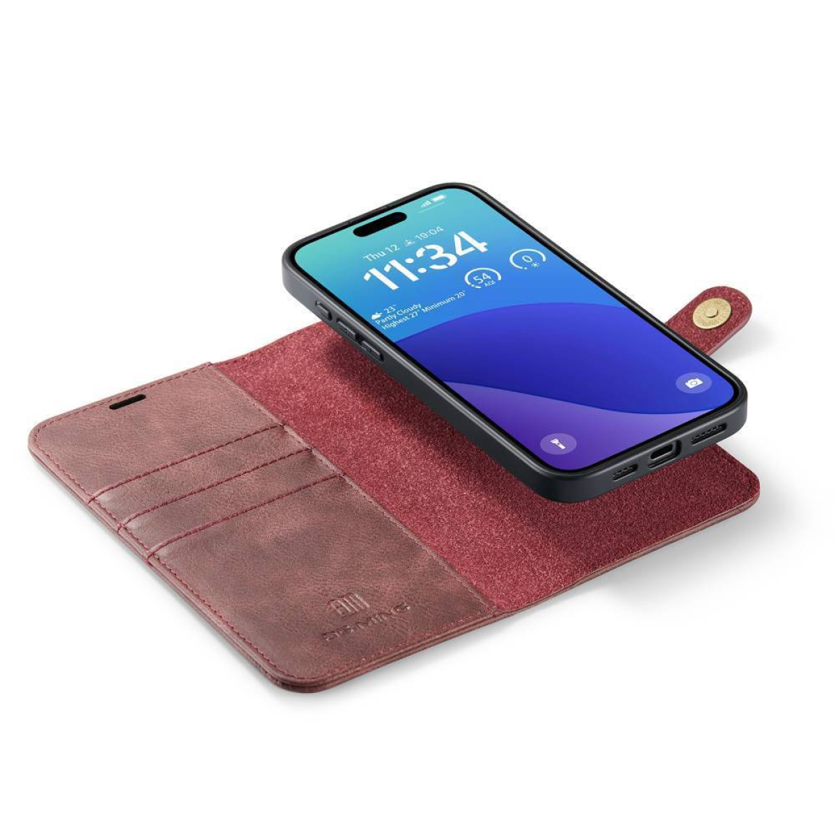 Smartphone mit Hülle, zeigt Uhrzeit und Datum auf einem blauen Hintergrundbild.