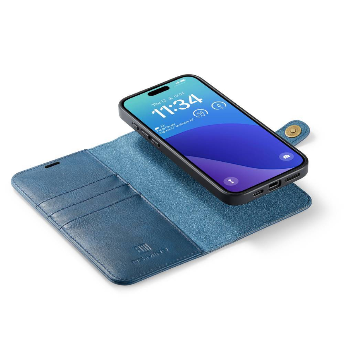 Blaues Telefonetui geöffnet, mit Telefon im Inneren, das den Bildschirm zeigt, auf einer Oberfläche.