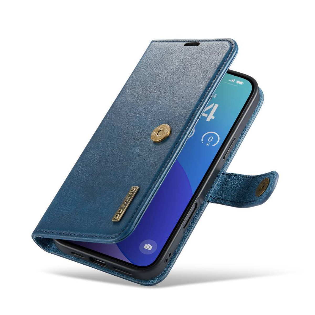Blaue Leder-Handyhülle, geöffnet, um ein Telefon mit Magnetverschluss zu zeigen.