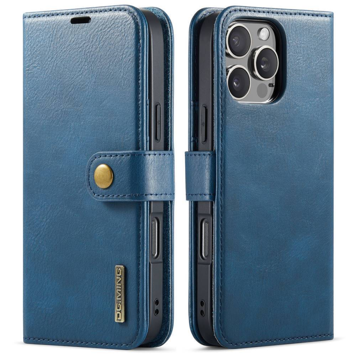 Blaues Leder-Handycase, aufgeklappt, zeigt das Handy und einen Knopfverschluss.
