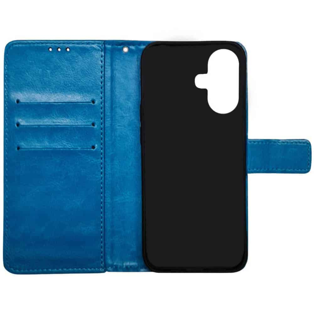 Offene blaue Leder-Handyhülle mit schwarzer Handyhülle innen.