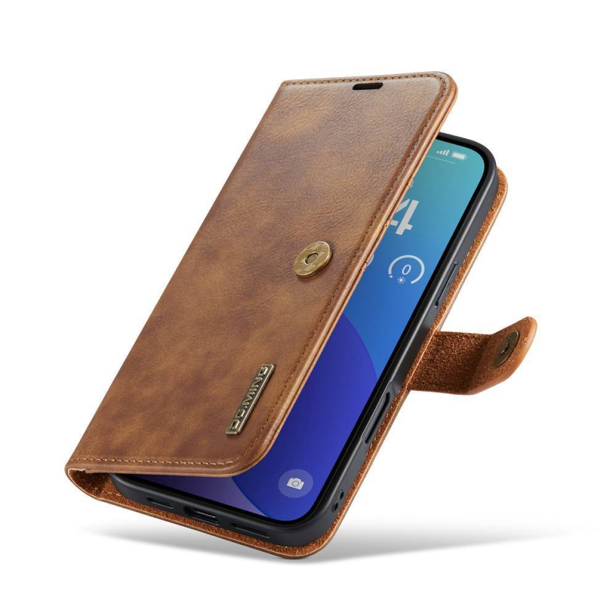 Braune Leder-Handyhülle mit Knopfverschluss, Telefon darin.