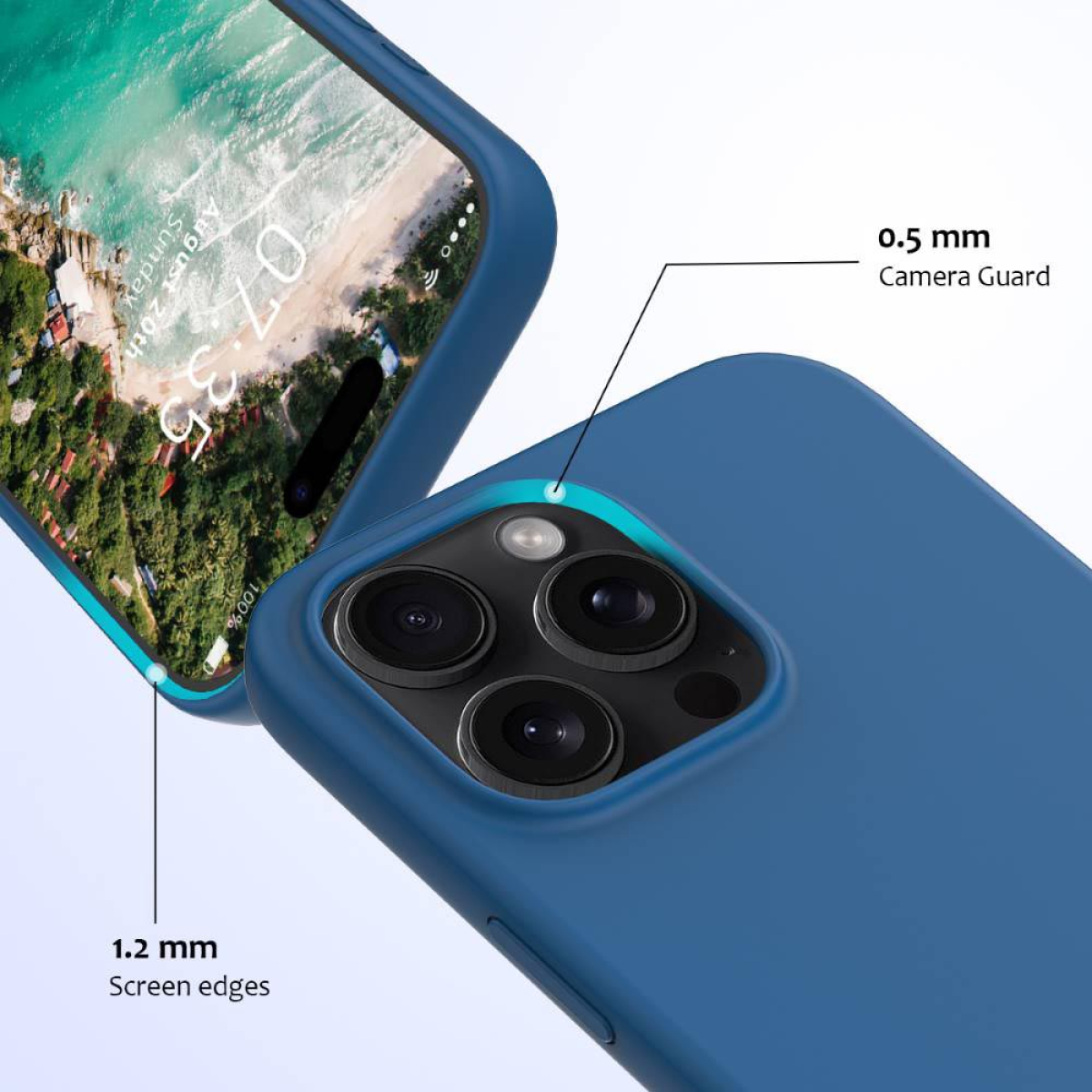 Nahaufnahme eines Telefons mit blauem Gehäuse, das die Kamera und die Bildschirmkanten detailliert darstellt.