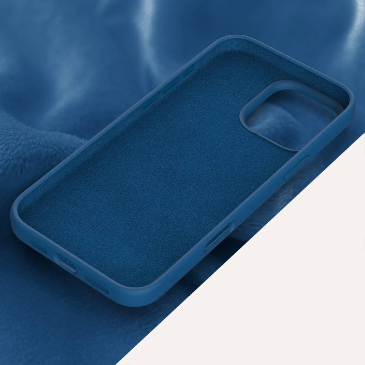 Blaue Handyhülle mit weichem Innenraum, vor blauem, strukturiertem Hintergrund.