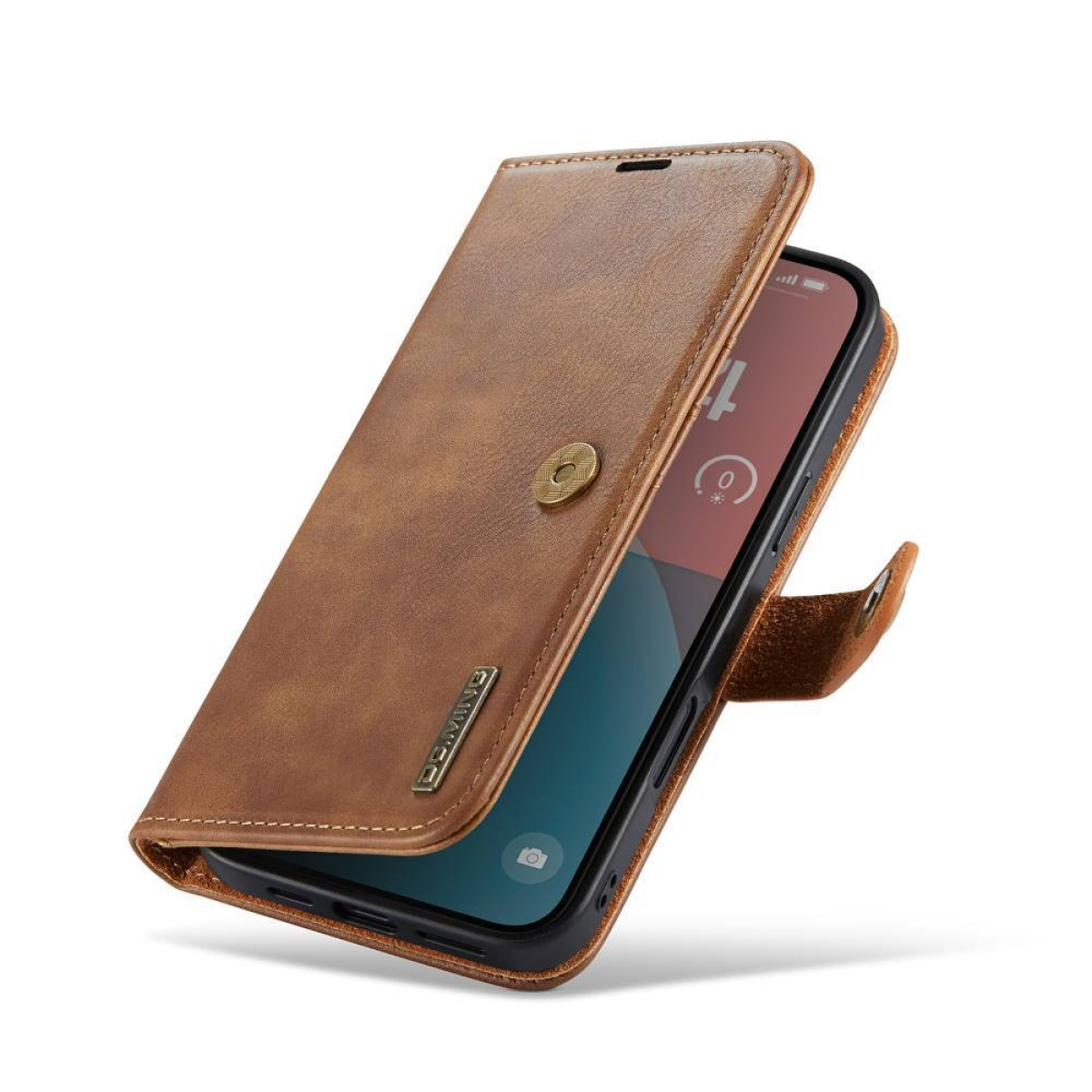 Braune Leder-Handyhülle, geöffnet, um das Telefon zu zeigen. Ein Knopf ist sichtbar.