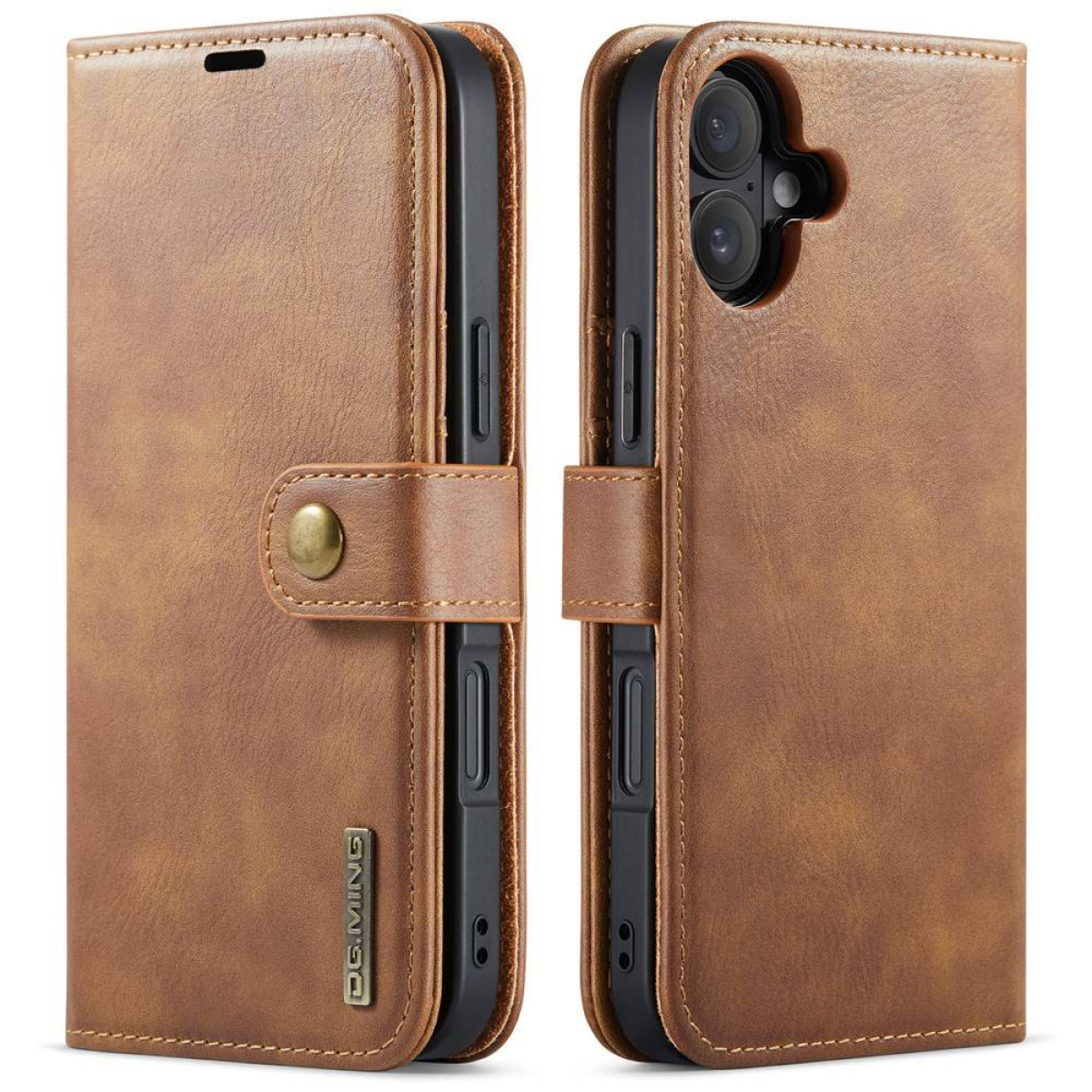 Eine braune Leder-Handyhülle ist geöffnet und zeigt das Telefon und seine Kamera.