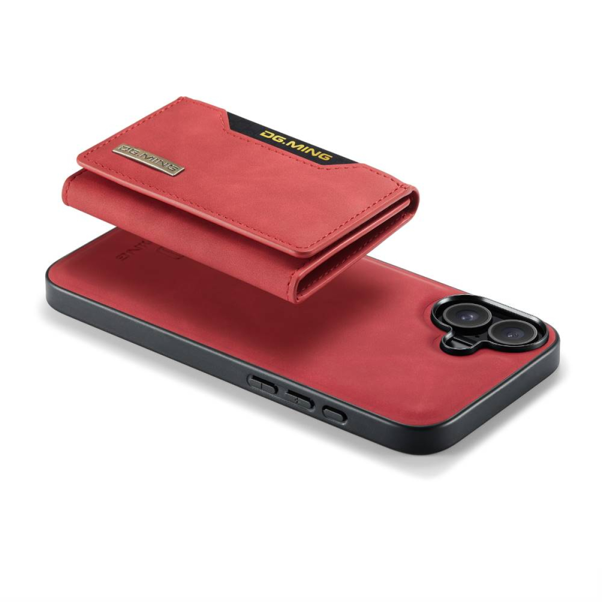 Rotes Handycase mit abnehmbarer Geldbörse, schwarzes Handy und DG.MING-Branding.