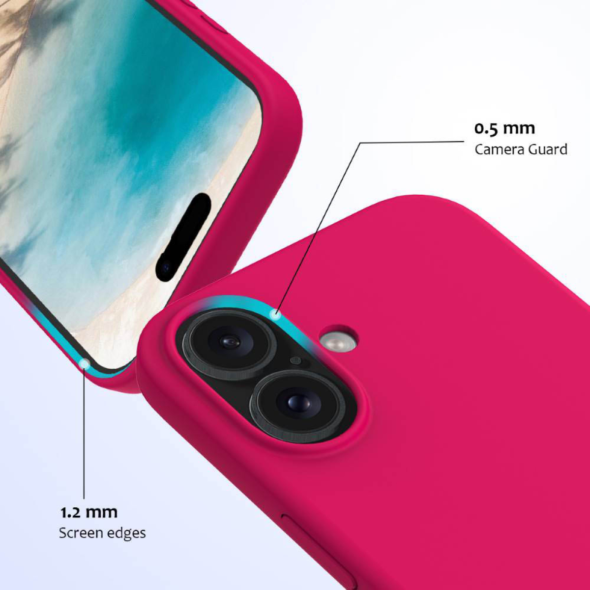 Eine rote Handyhülle mit Bildschirmkanten, Kameraschutz und einem Handy.
