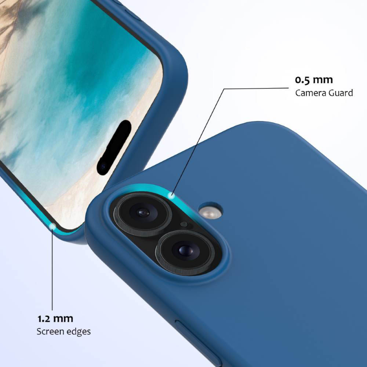Nahaufnahme einer blauen Handyhülle mit einem Telefon darin. Text hebt Kamera- und Bildschirmkantenmaße hervor.
