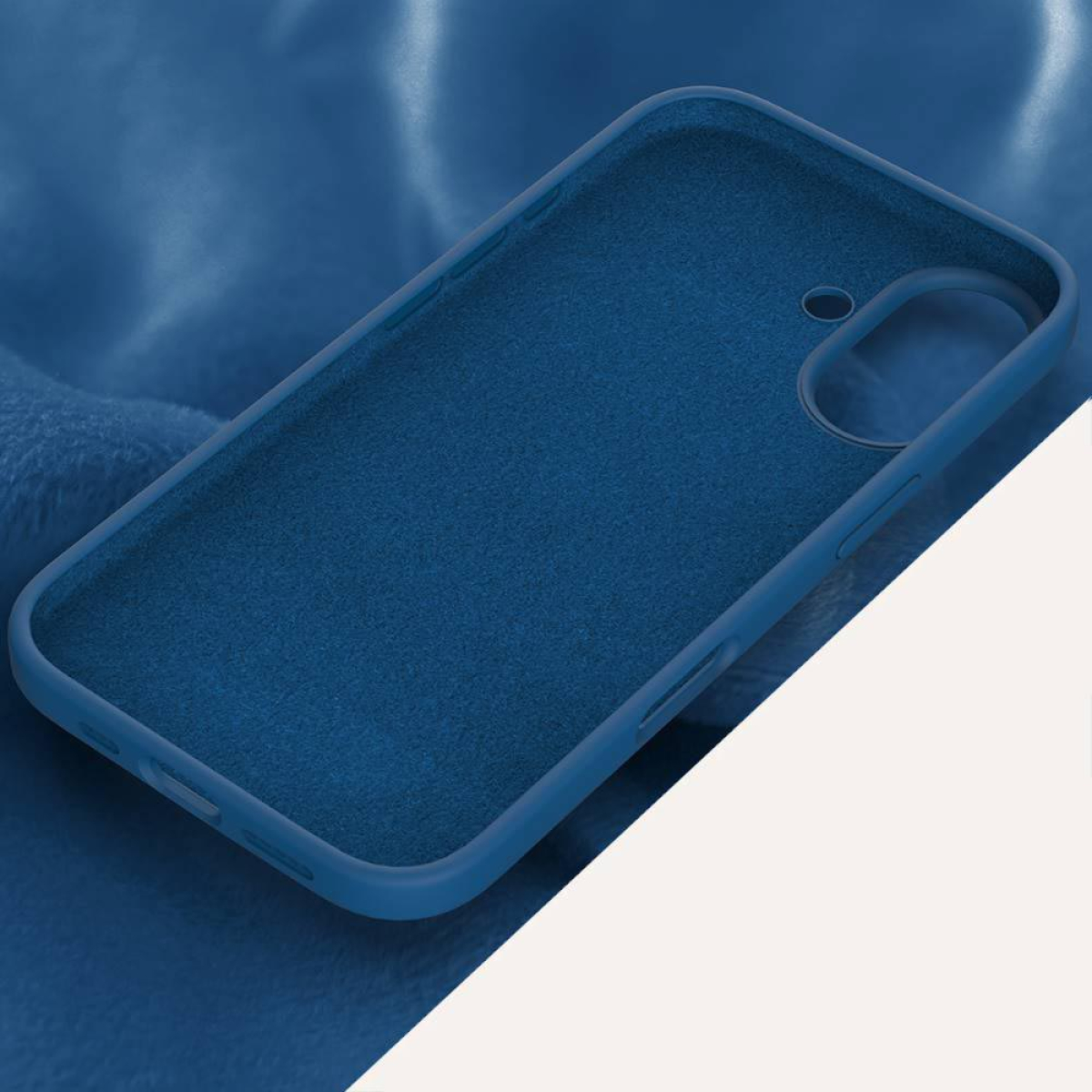 Ein blaues Handyhülleninnere mit weißem Hintergrund und blauer Oberfläche.
