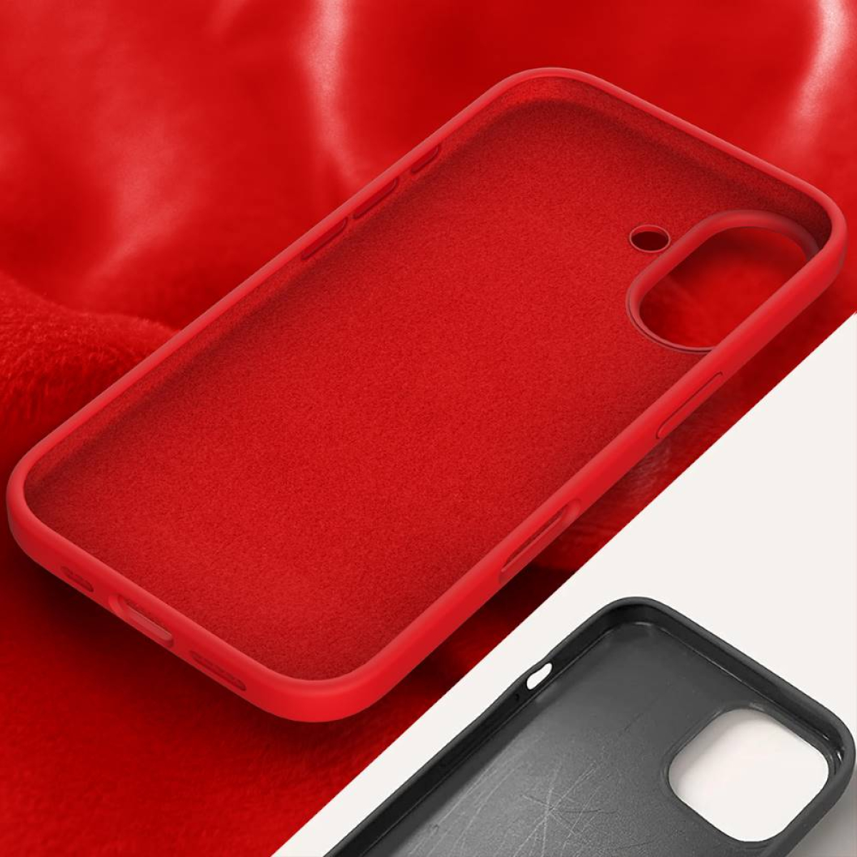 Rote Telefonhülle auf roter Oberfläche, mit schwarzer Telefonhülle im Hintergrund.