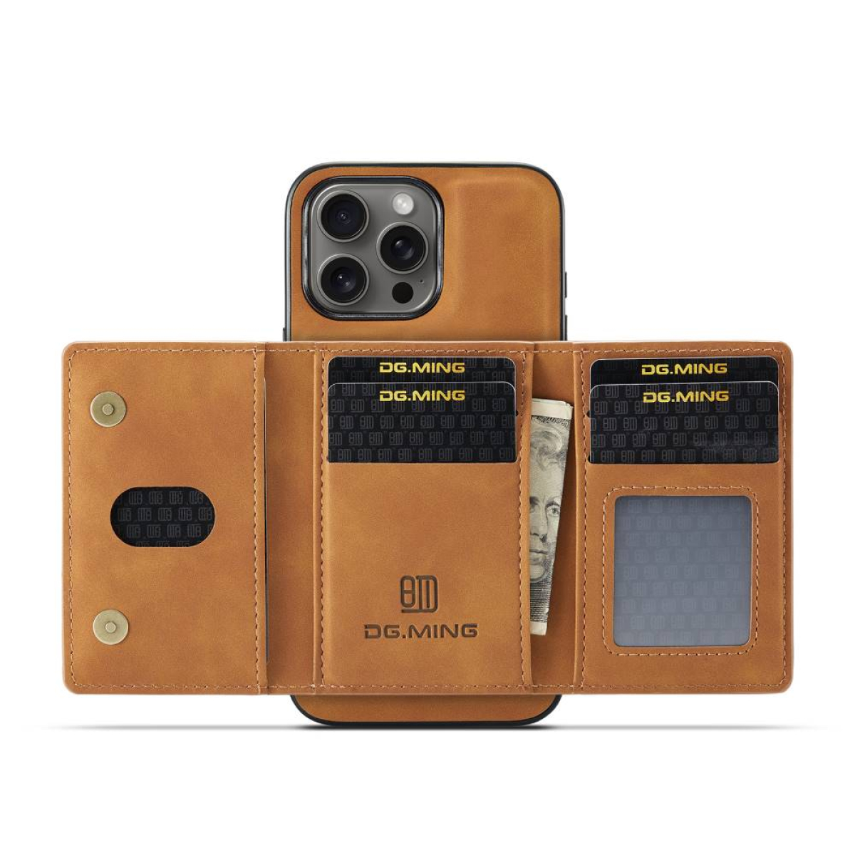 Geöffnete braune Telefonbrieftasche mit Karten, einer Banknote und DG.MING-Branding.