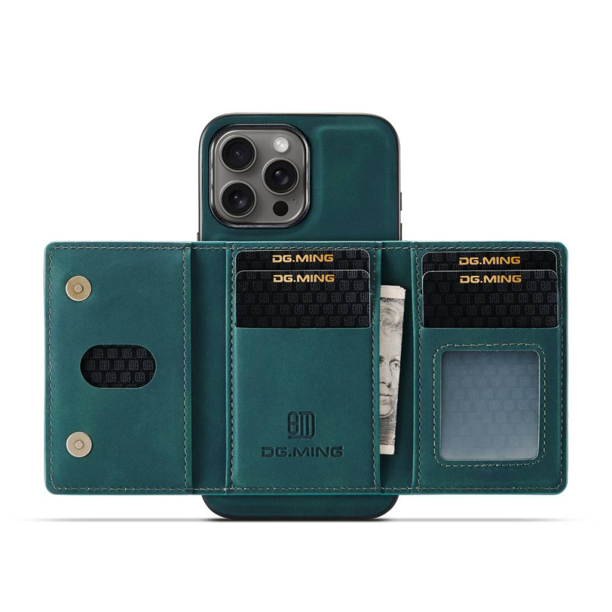 Eine grüne Leder-Handyhülle mit Magnetverschluss und Kartenfächern, mit Telefon.