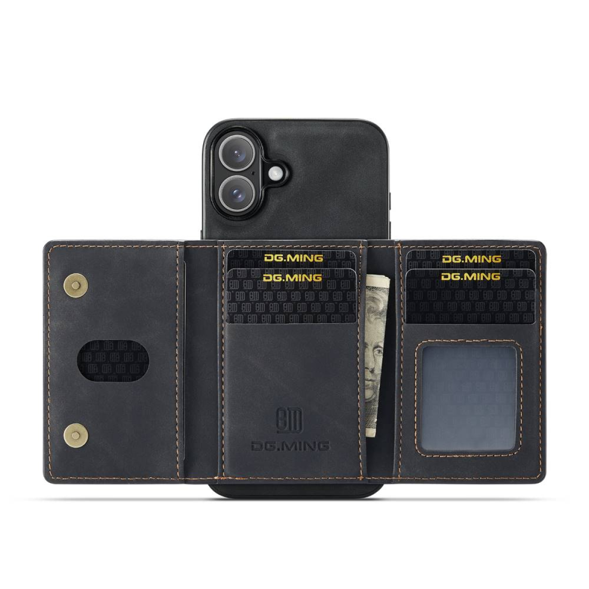 Schwarze Leder-Handyhülle, offen, mit Karten und Bargeld. iPhone sichtbar. Goldene Nähte.