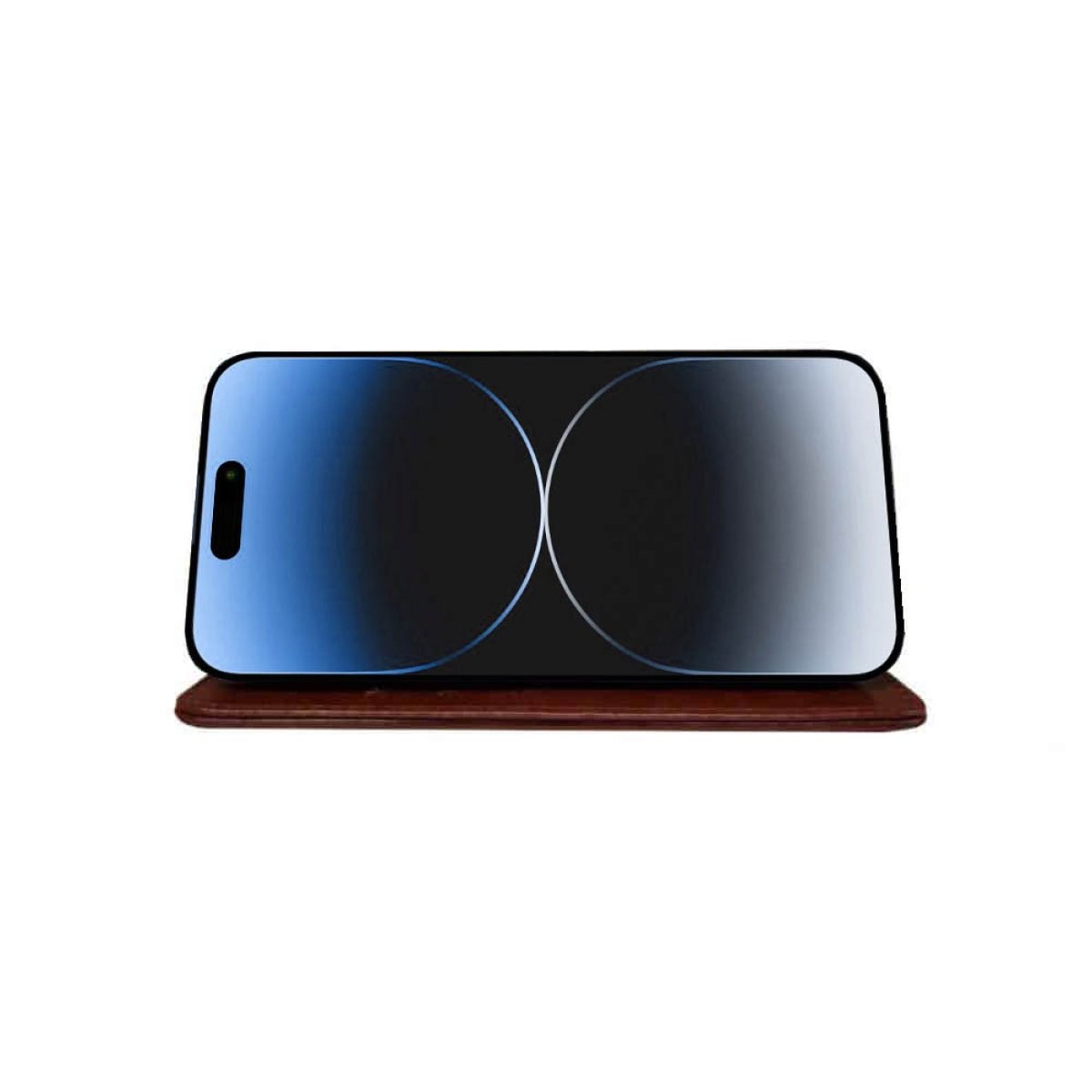 Telefon-Mockup auf Holzständer. Farbverlauf-Bildschirm. Weißer Hintergrund.
