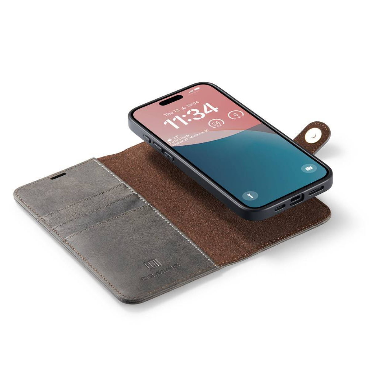 Telefon in einer grau-braunen Brieftasche, geöffnet. Zeigt den Telefonbildschirm.