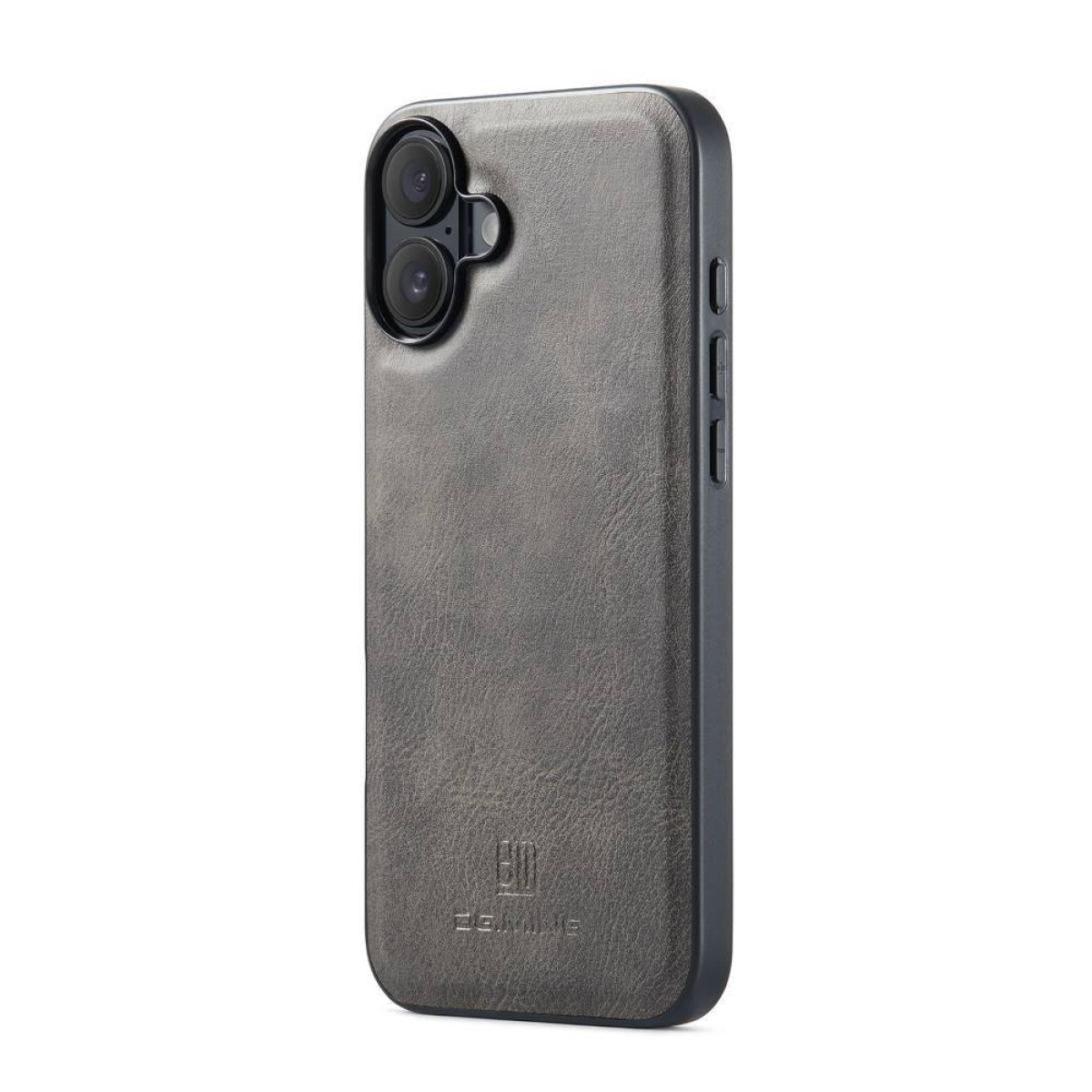 Eine graue Leder-Handyhülle mit einem Telefon darin.