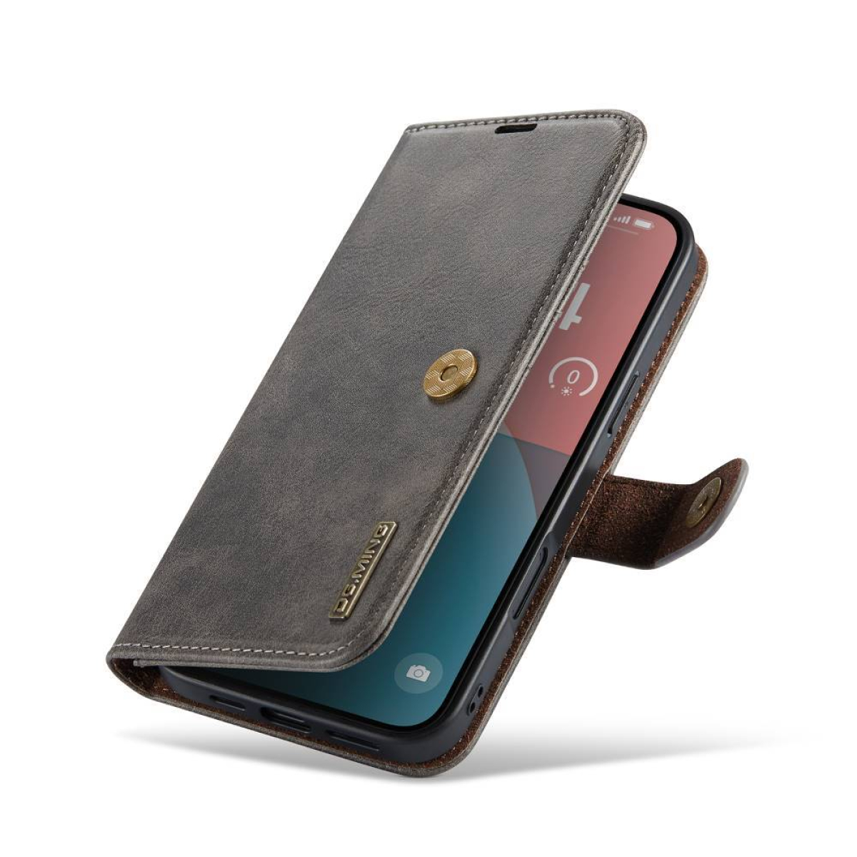 Ein Telefon in einer grauen Hülle auf weißem Hintergrund, offen.