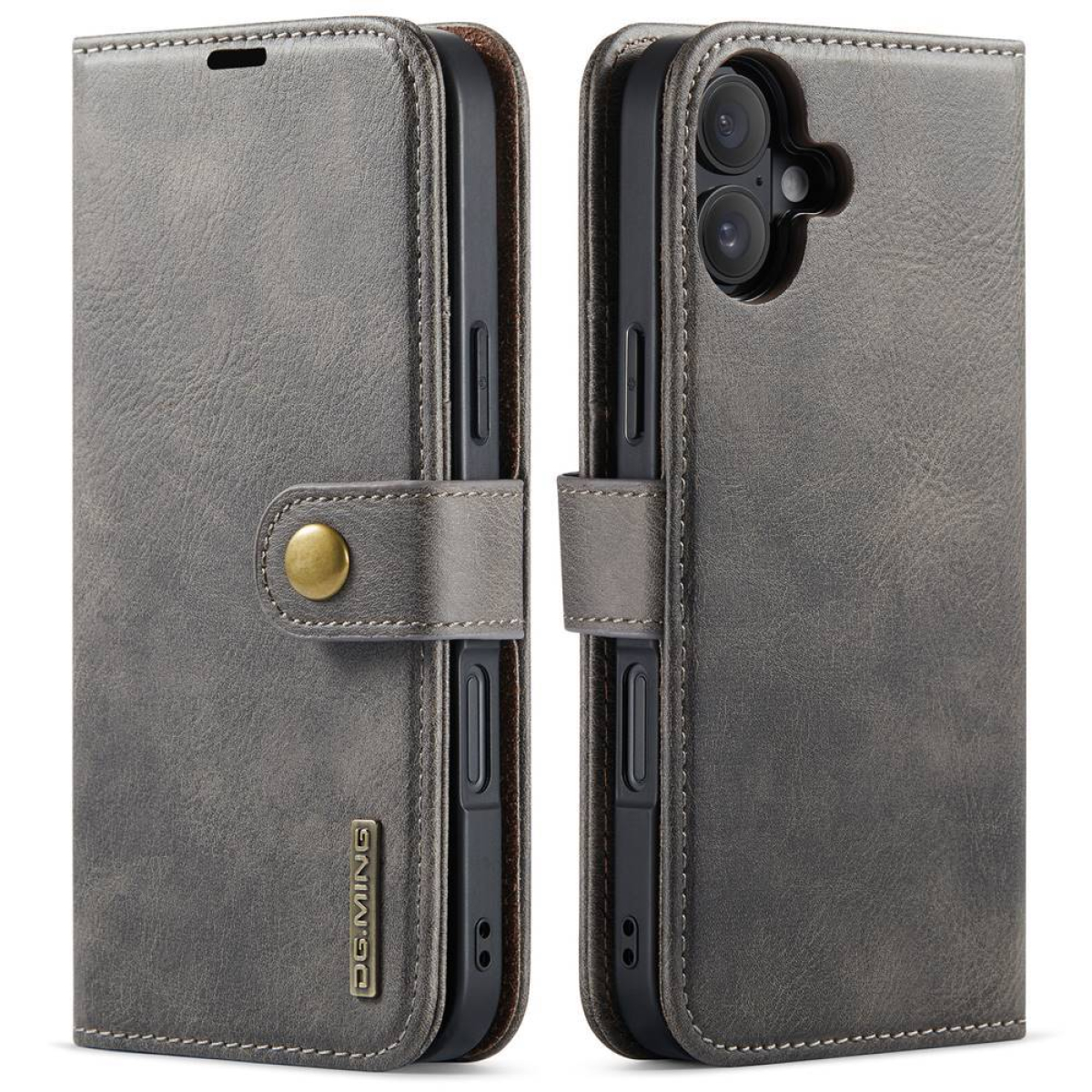 Graues Leder-Wallet-Case für ein Telefon mit Schnappverschluss. Geschlossen und offen.