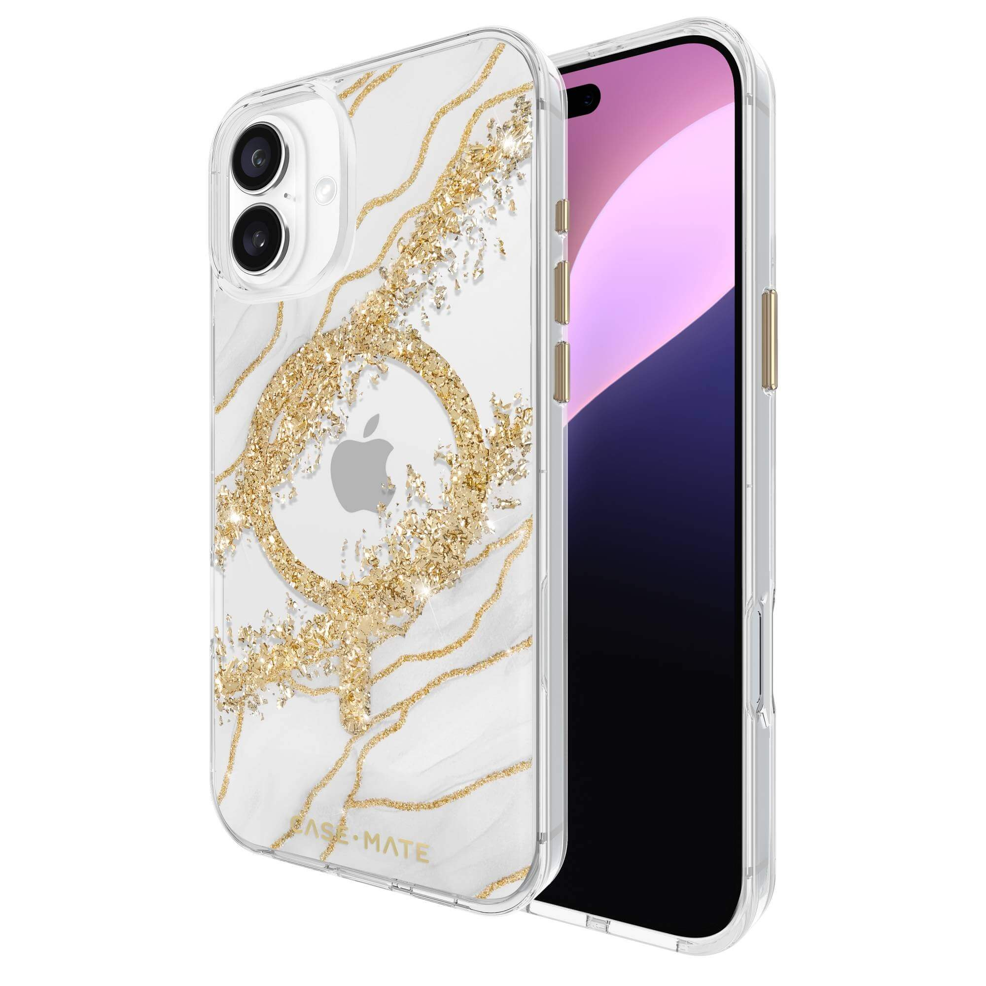 Custodia trasparente con design in marmo e oro. Lo schermo mostra uno sfondo sfumato.