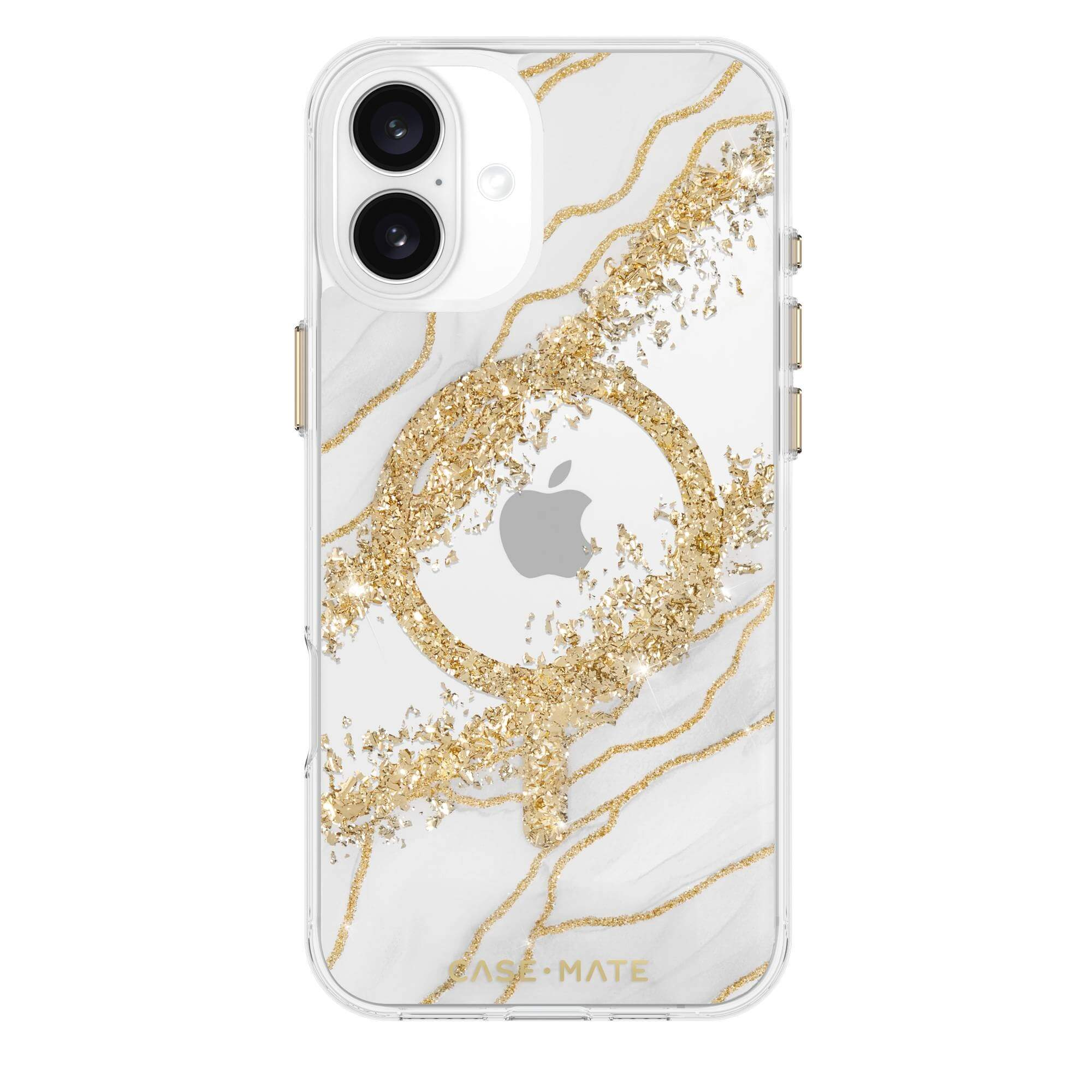 Un iPhone in una custodia trasparente con accenti in foglia d'oro e un logo Apple.