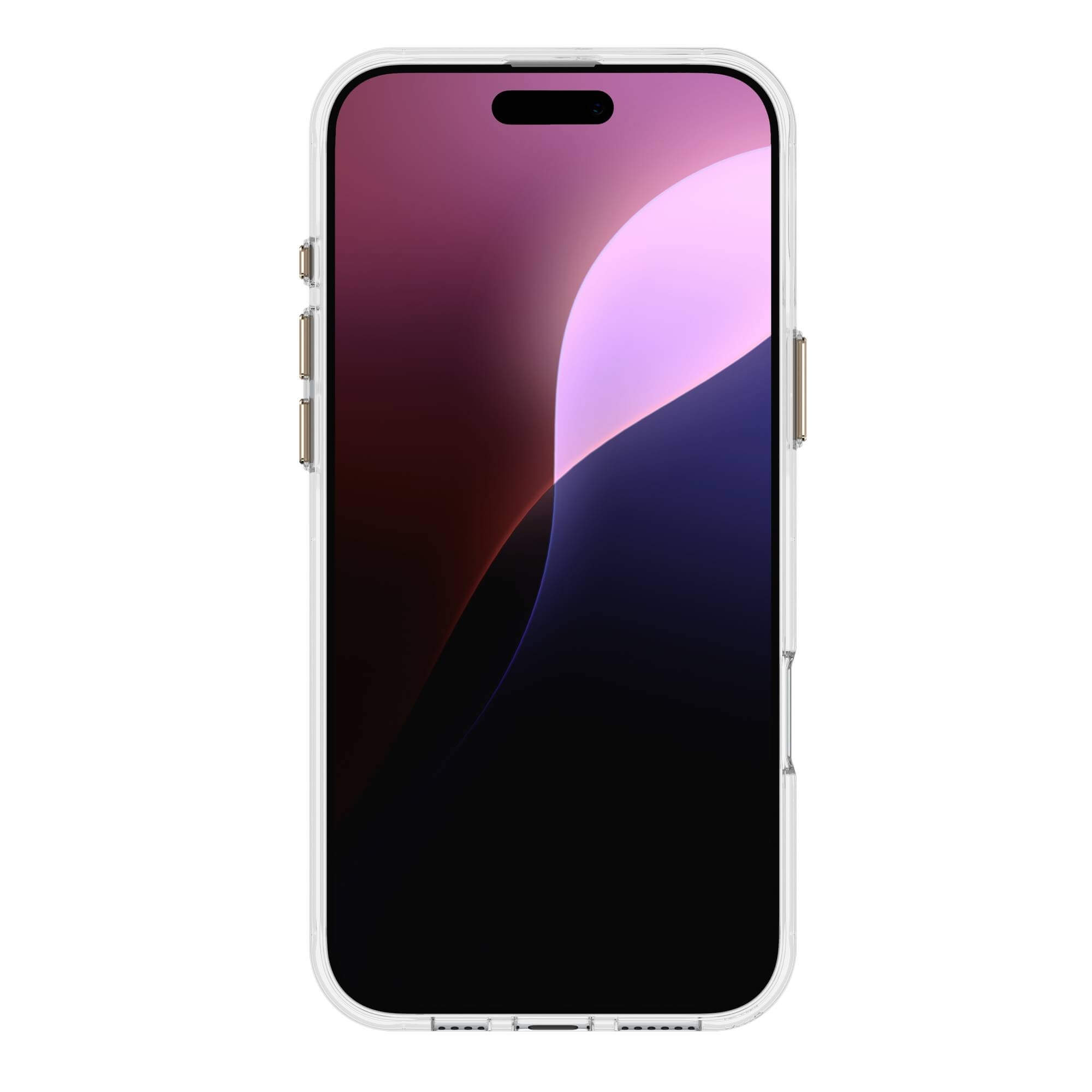 Un telefono in una custodia trasparente. Lo schermo mostra un'immagine colorata con sfumature viola e rosa.