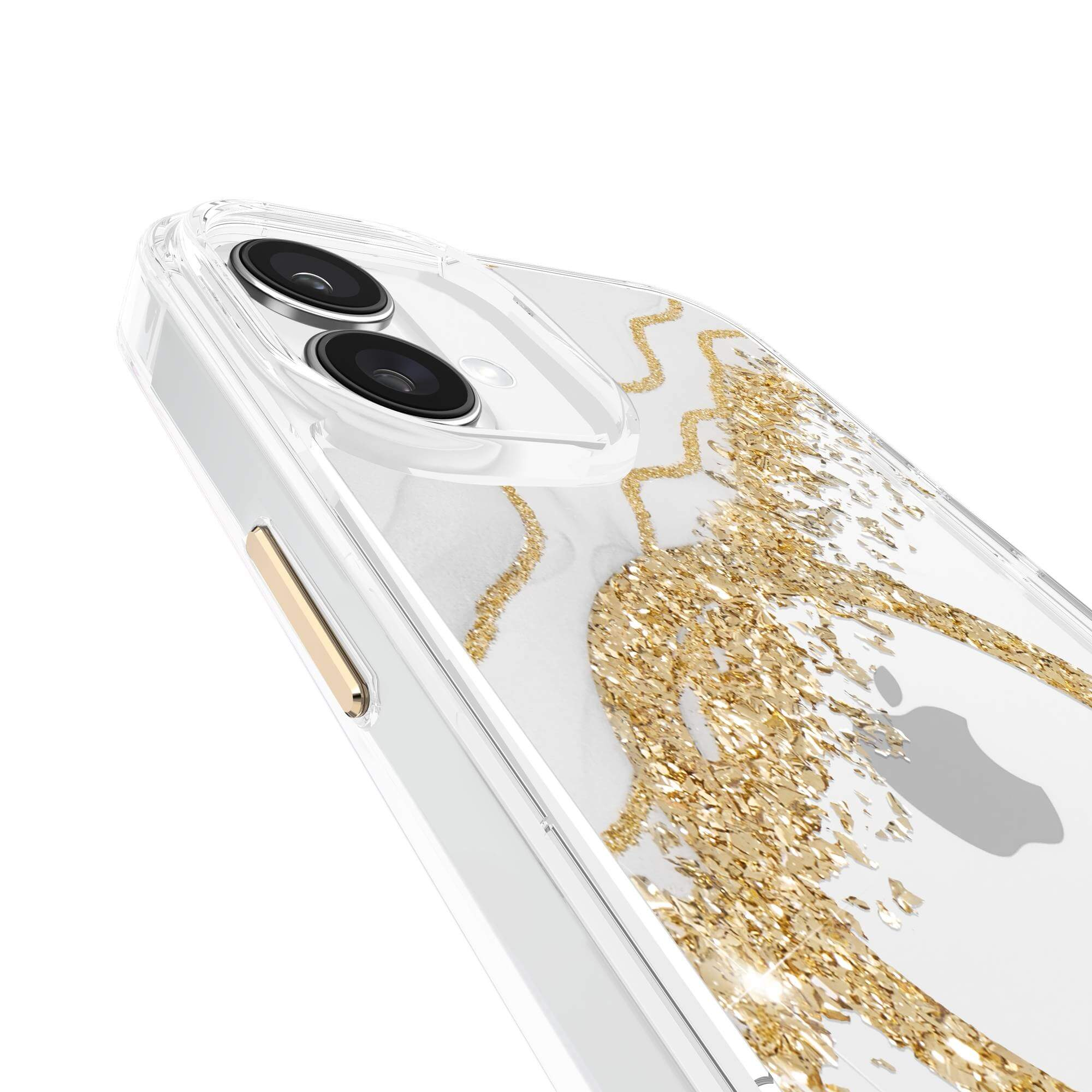 Custodia trasparente con design glitter oro, vista ravvicinata di lenti e pulsanti della fotocamera.