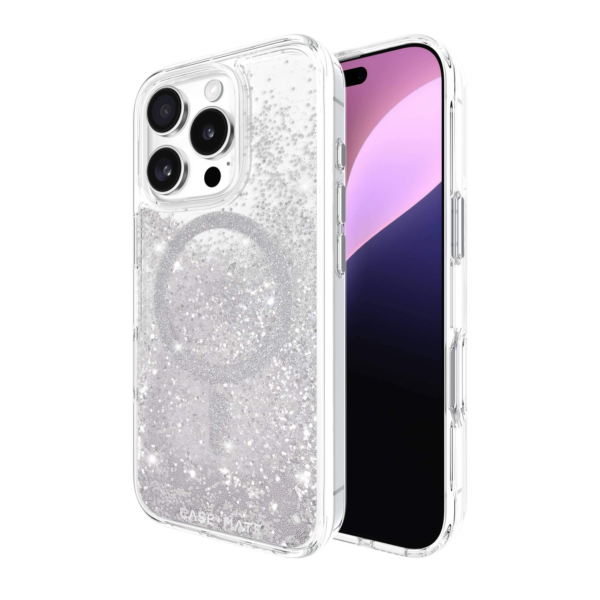 Custodia trasparente per telefono con glitter argentati e un telefono con sfondo colorato.
