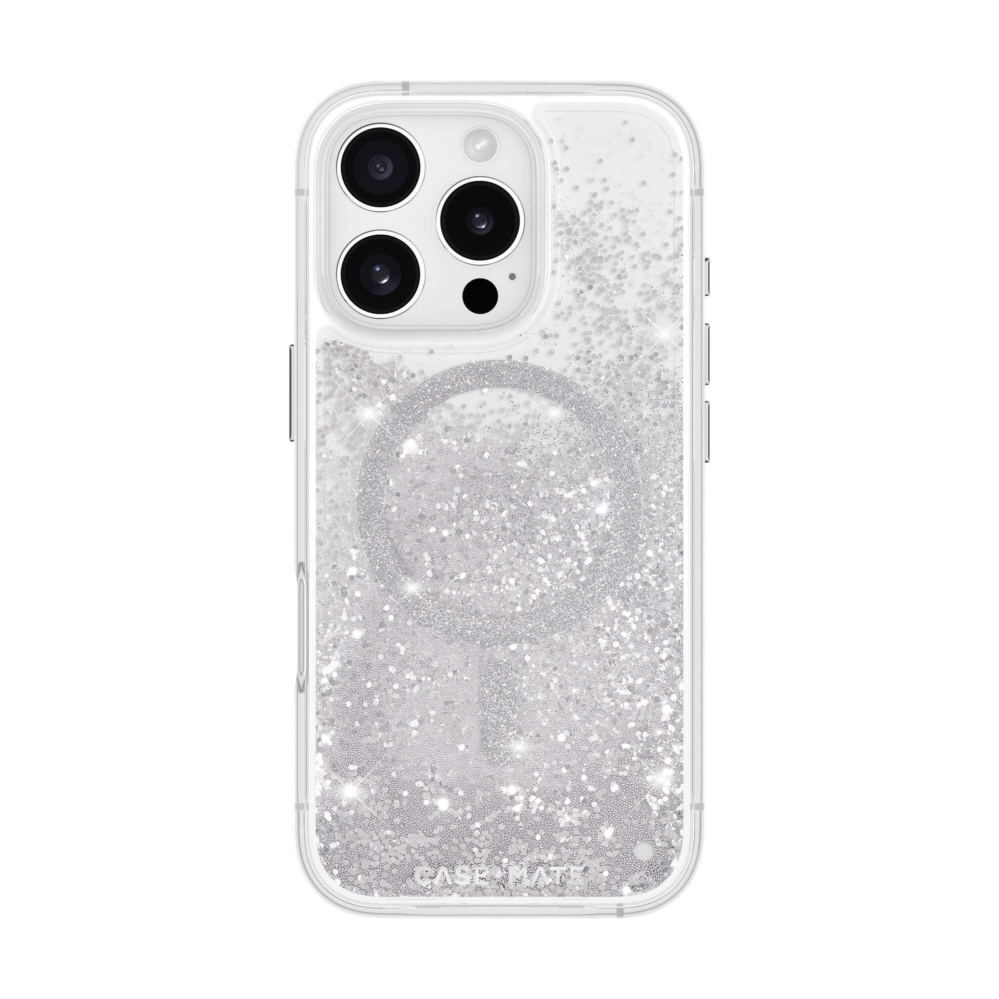 Custodia trasparente per telefono con glitter e un cerchio argentato. Il retro ha tre lenti della fotocamera.